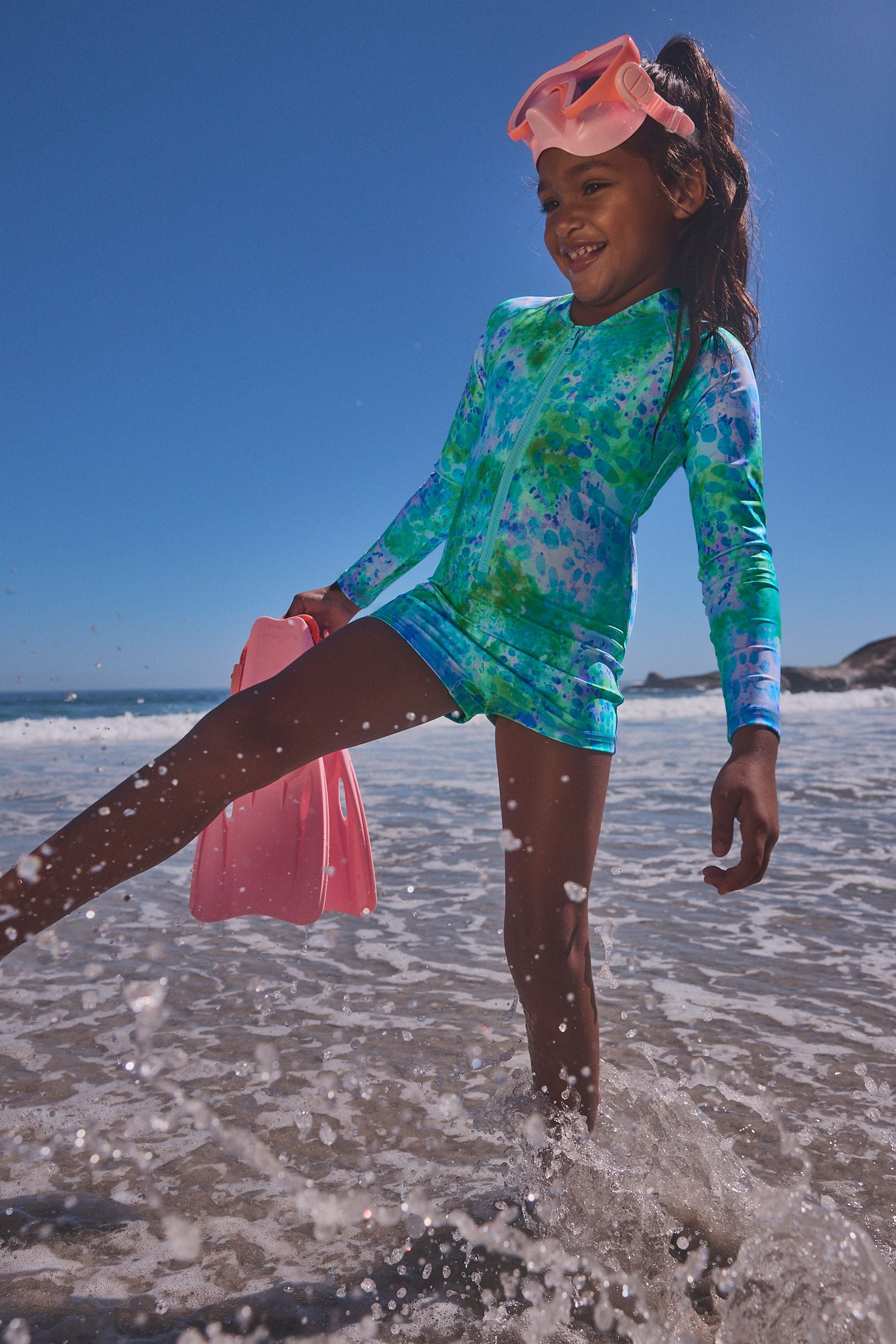 Blue Long Sleeved Shortie Swimsuit (3-16yrs)