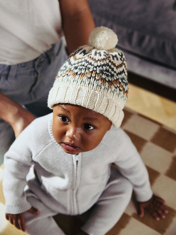 Ecru Cream Fairisle Pattern Baby Knitted Pom Hat (0mths-2yrs)