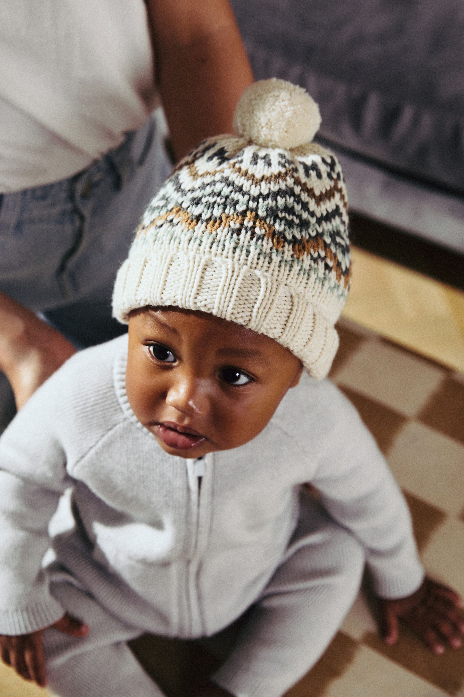 Ecru Cream Fairisle Pattern Baby Knitted Pom Hat (0mths-2yrs)