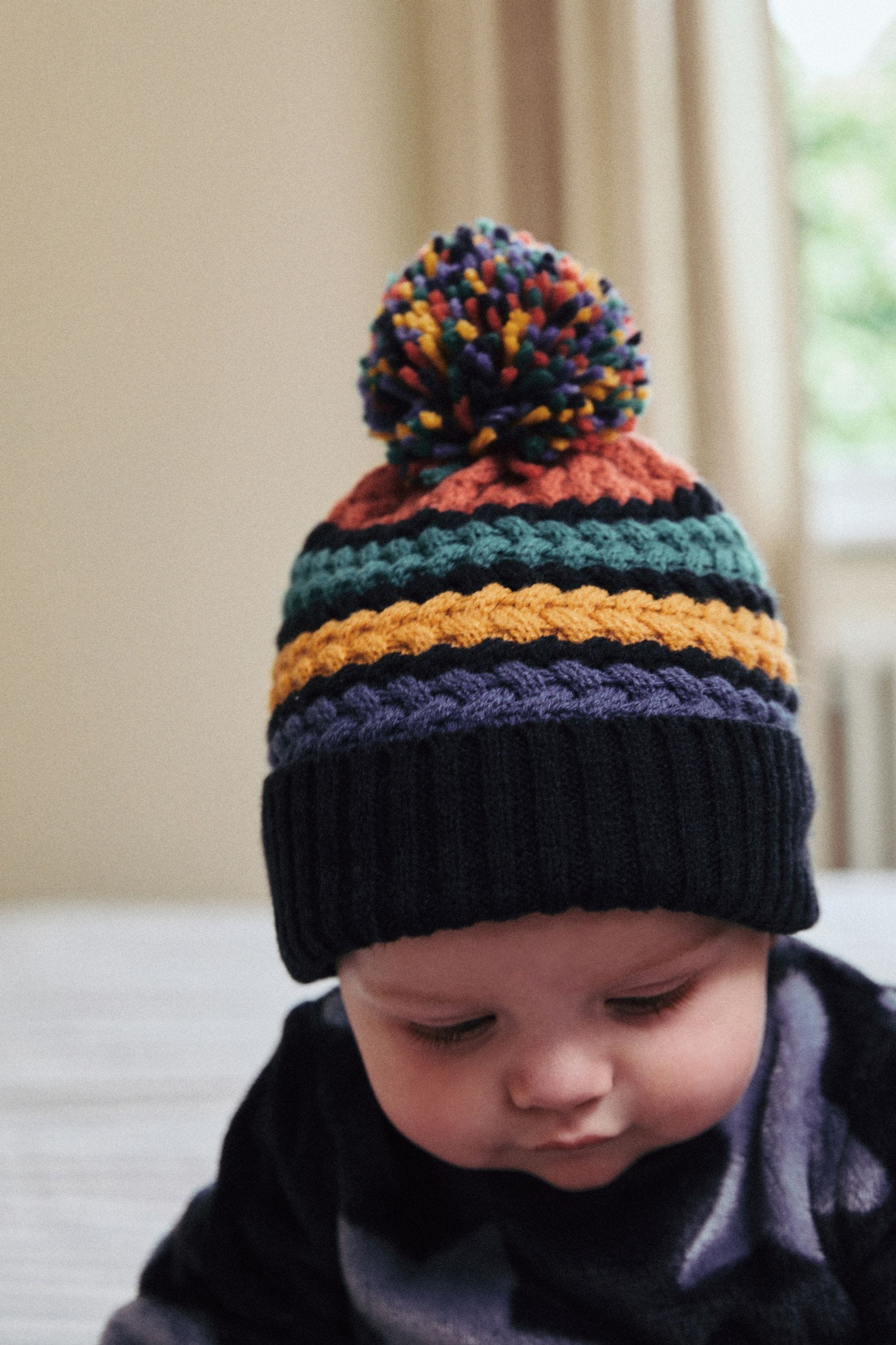 Rainbow Stripe Baby Knitted Pom Hat (0mths-2yrs)