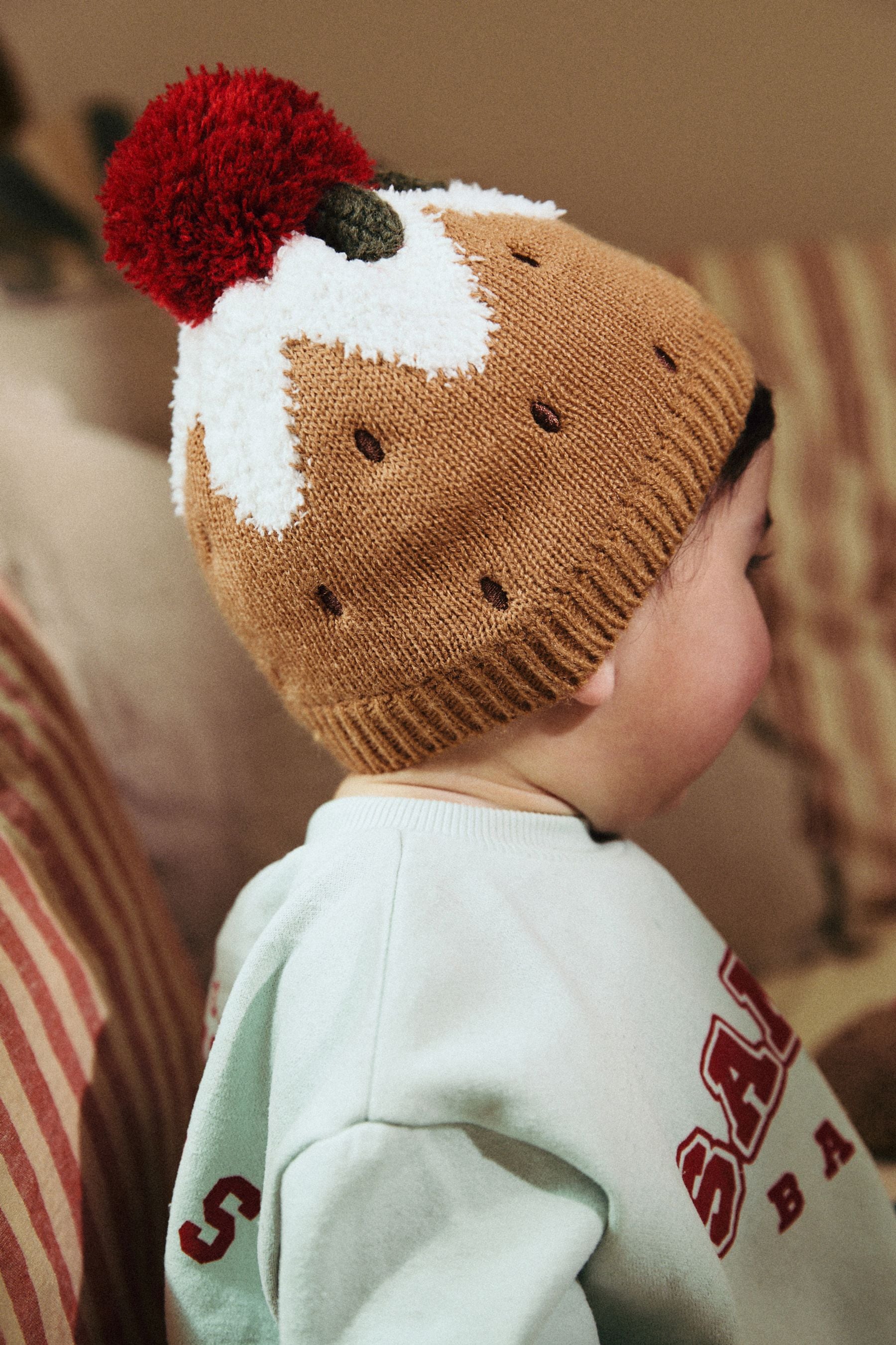 Christmas Pudding Baby Knitted Pom Hat