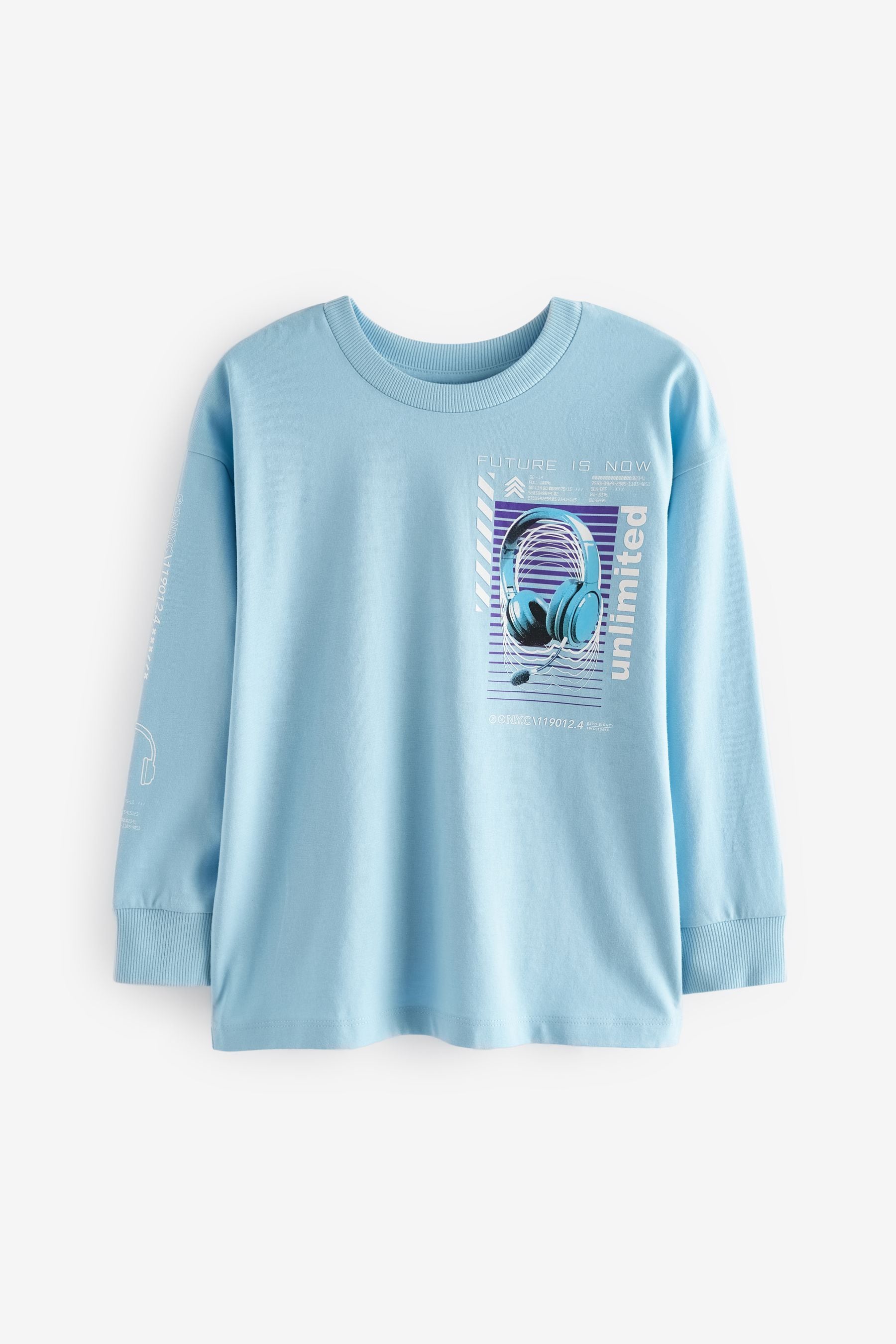 Blue/ Grey Headphones Graphic 100% Cotton Long Sleeve T-Shirts 3 Pack (3-16yrs)