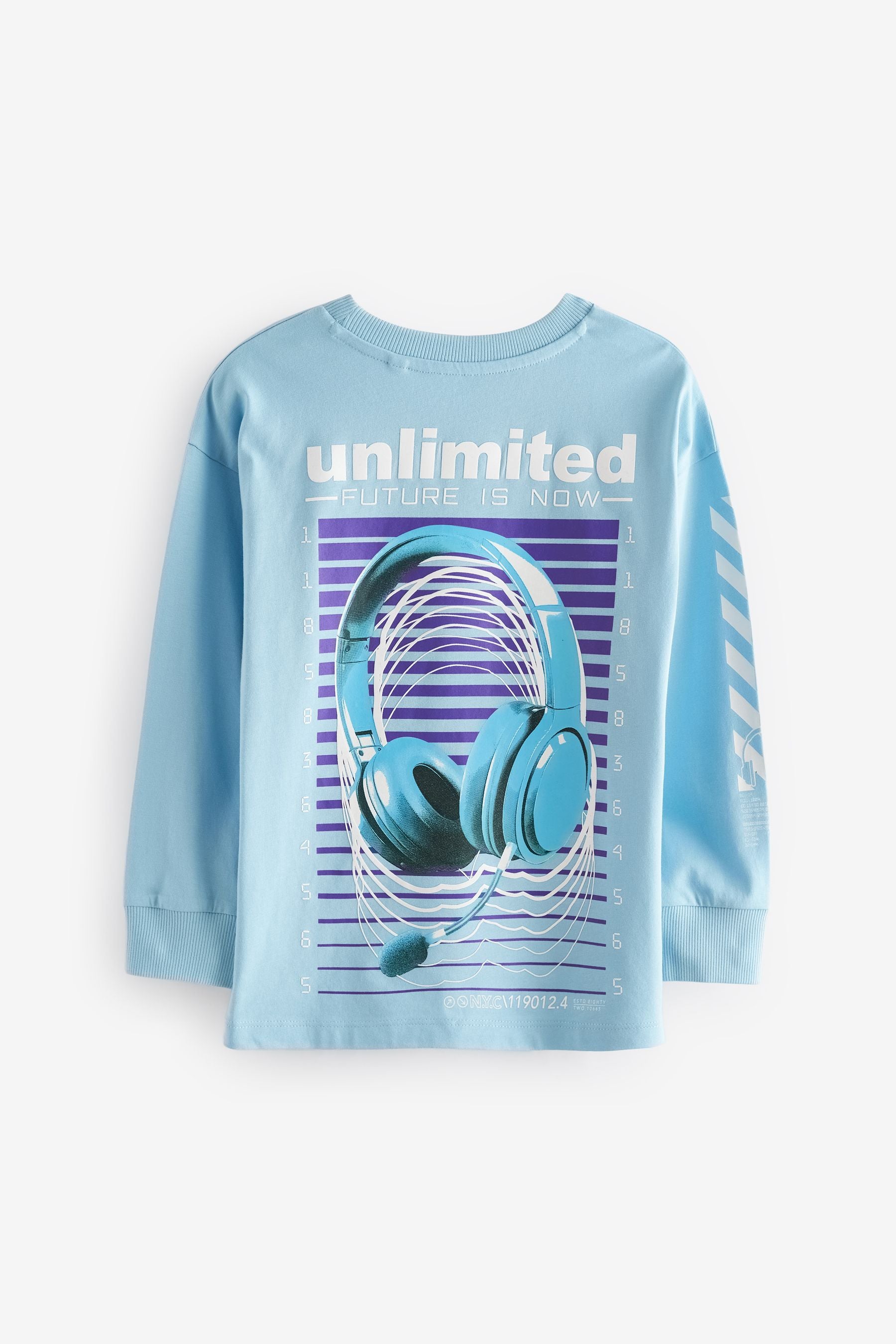 Blue/ Grey Headphones Graphic 100% Cotton Long Sleeve T-Shirts 3 Pack (3-16yrs)