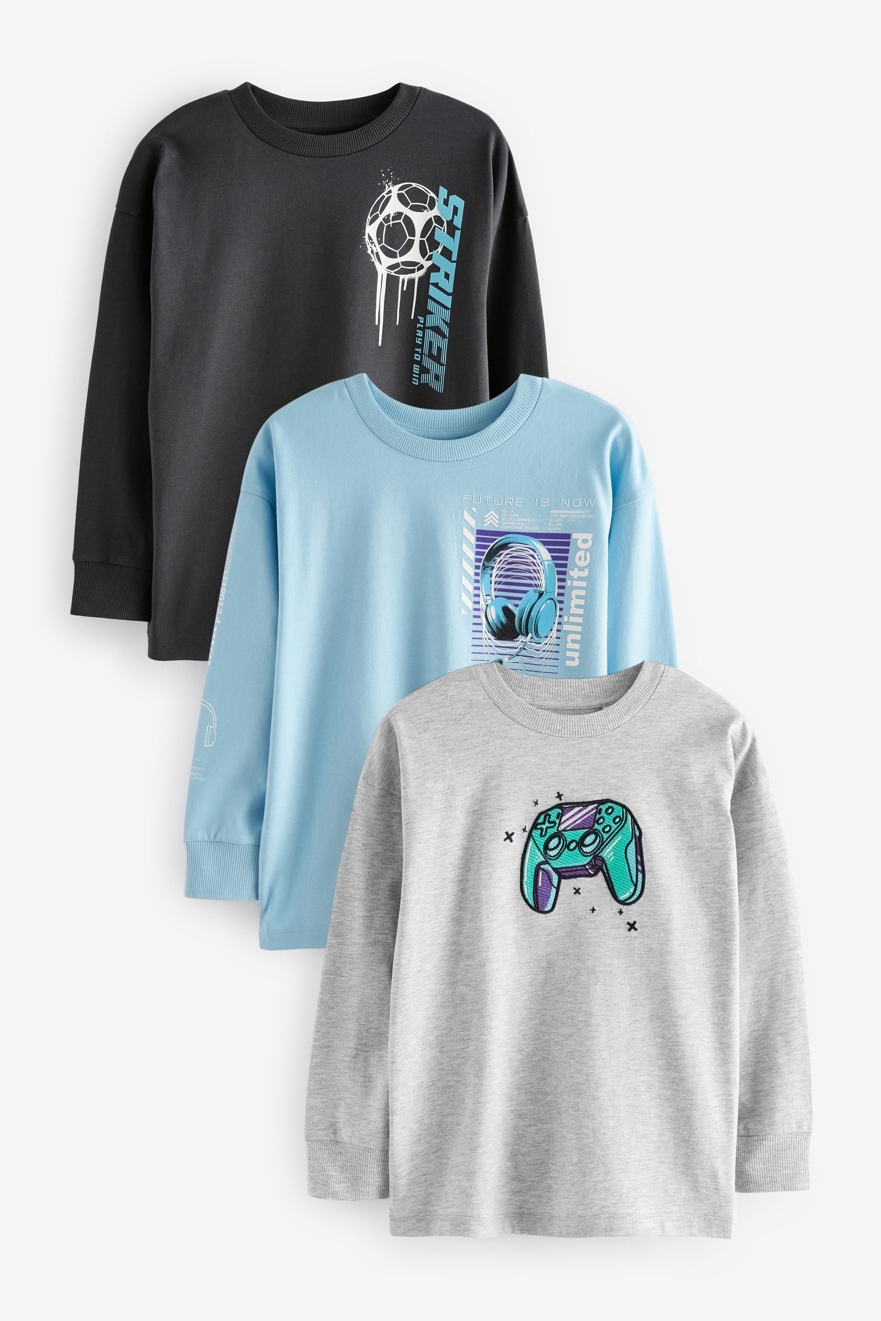 Blue/ Grey Headphones Graphic 100% Cotton Long Sleeve T-Shirts 3 Pack (3-16yrs)