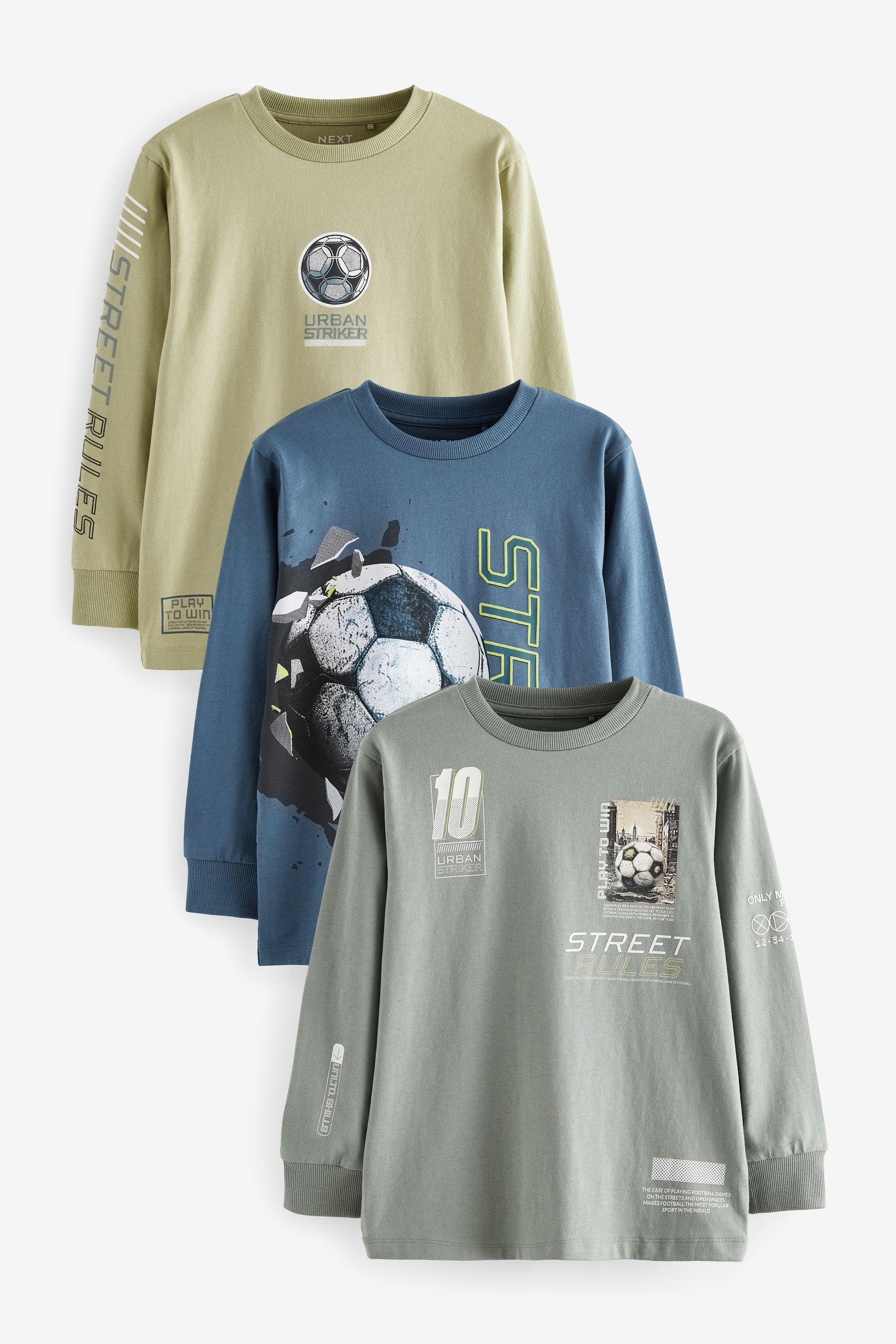 Green/Blue Football Graphic 100% Cotton Long Sleeve T-Shirts 3 Pack (3-16yrs)