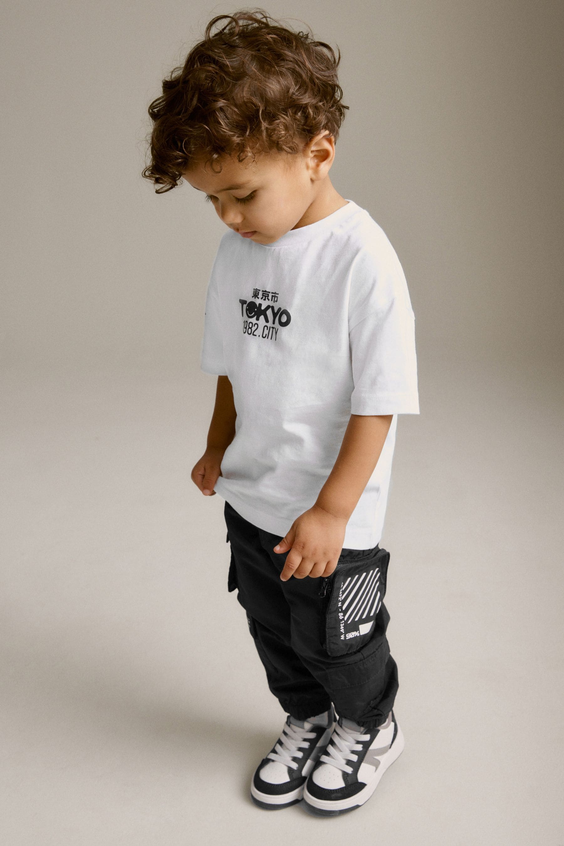 Black Multi Pocket Cargo Trousers & T-Shirt Set (3mths-7yrs)