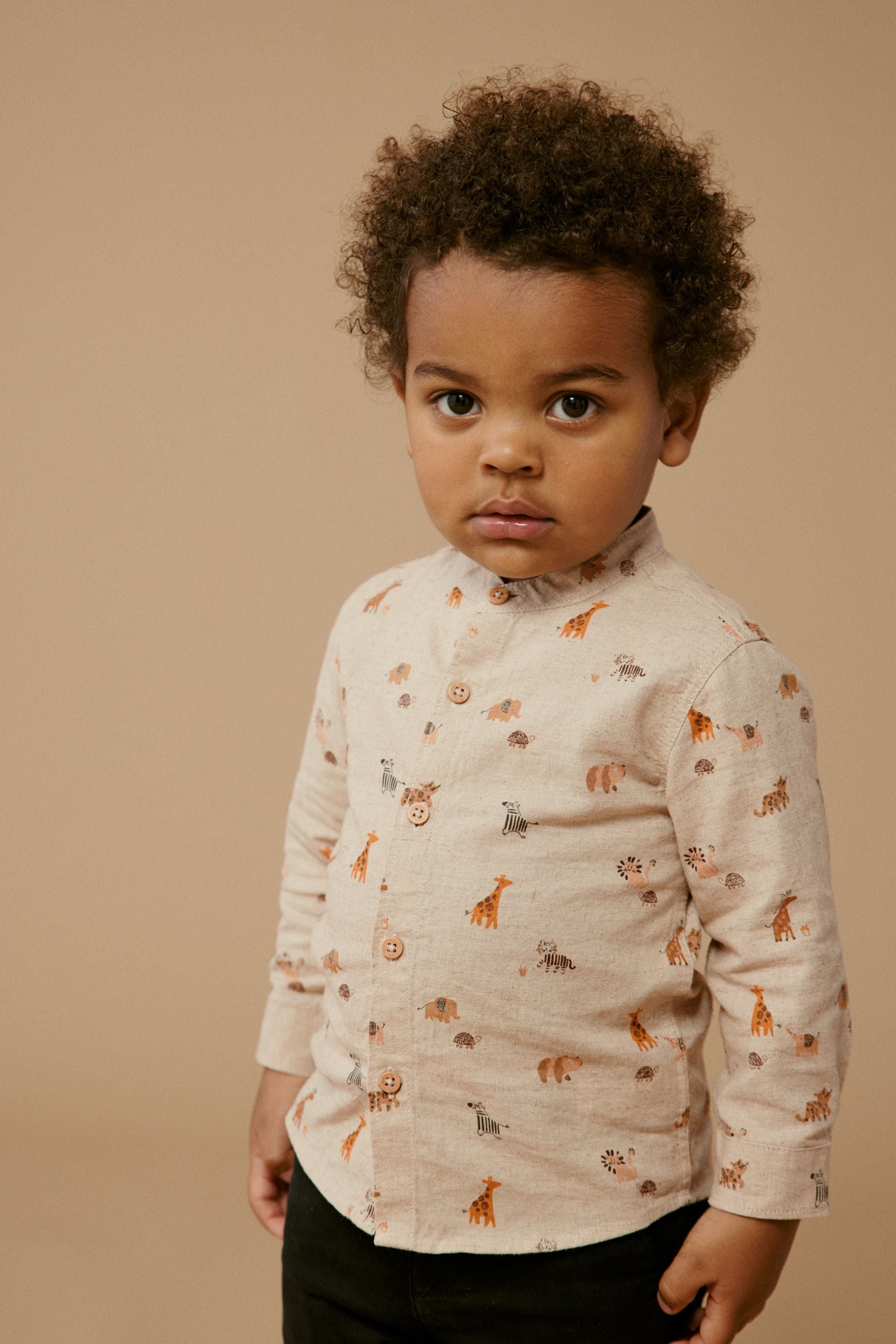 Neutral Long Sleeve Safari Print Grandad Shirt (3mths-7yrs)