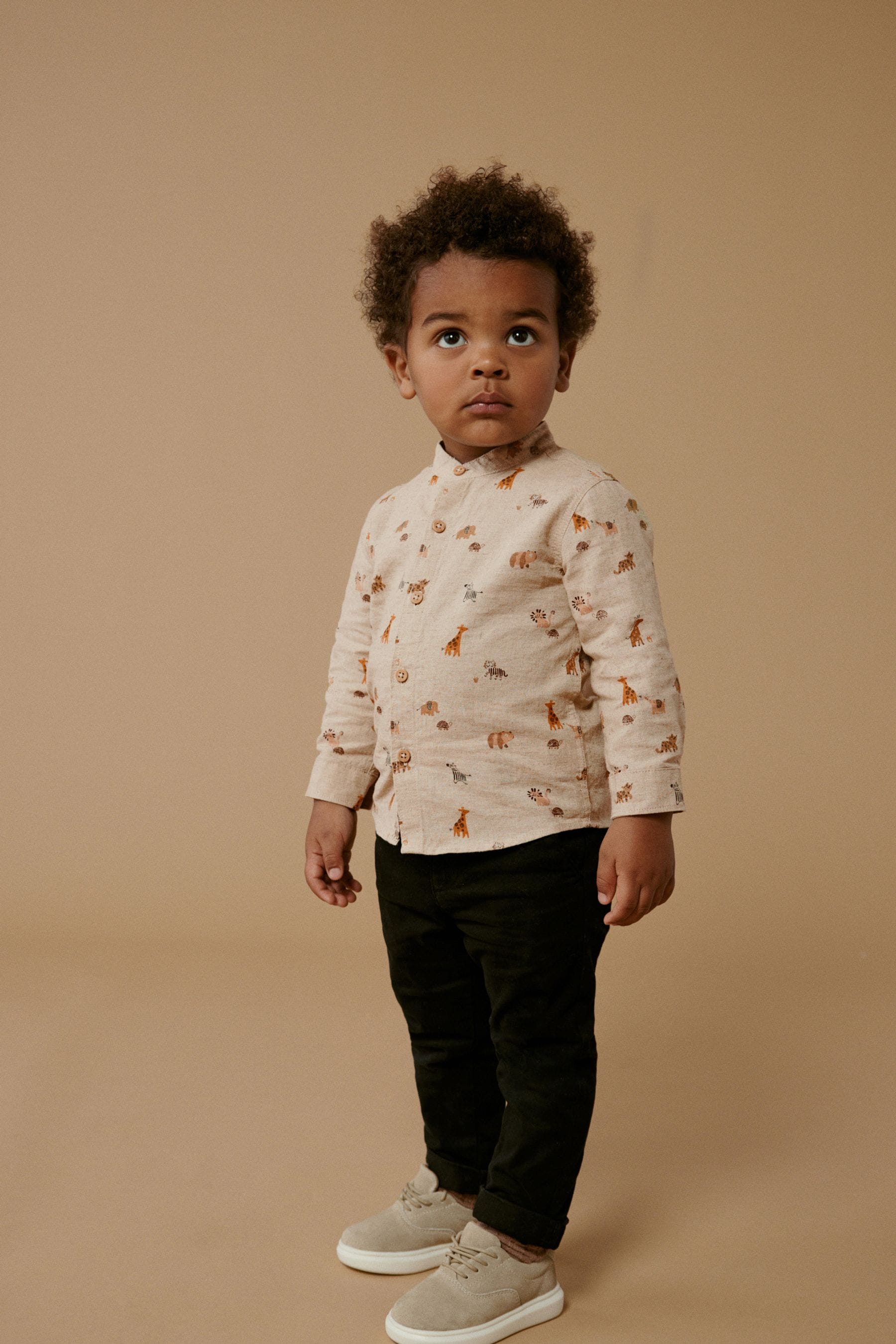 Neutral Long Sleeve Safari Print Grandad Shirt (3mths-7yrs)