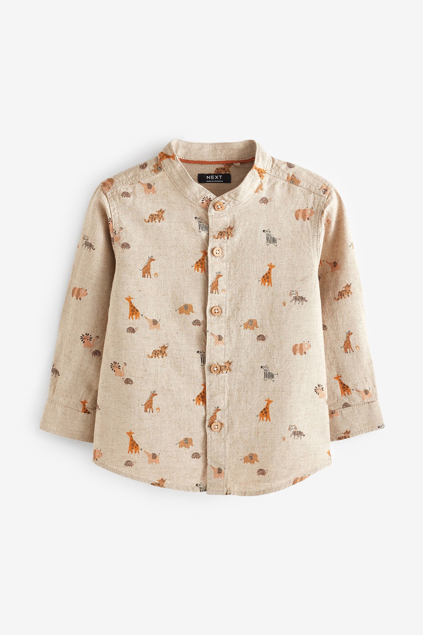 Neutral Long Sleeve Safari Print Grandad Shirt (3mths-7yrs)