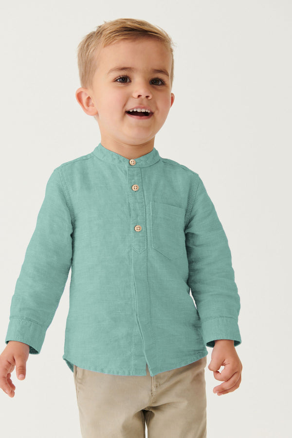 Green Grandad Collar Linen Mix Shirt (3mths-7yrs)