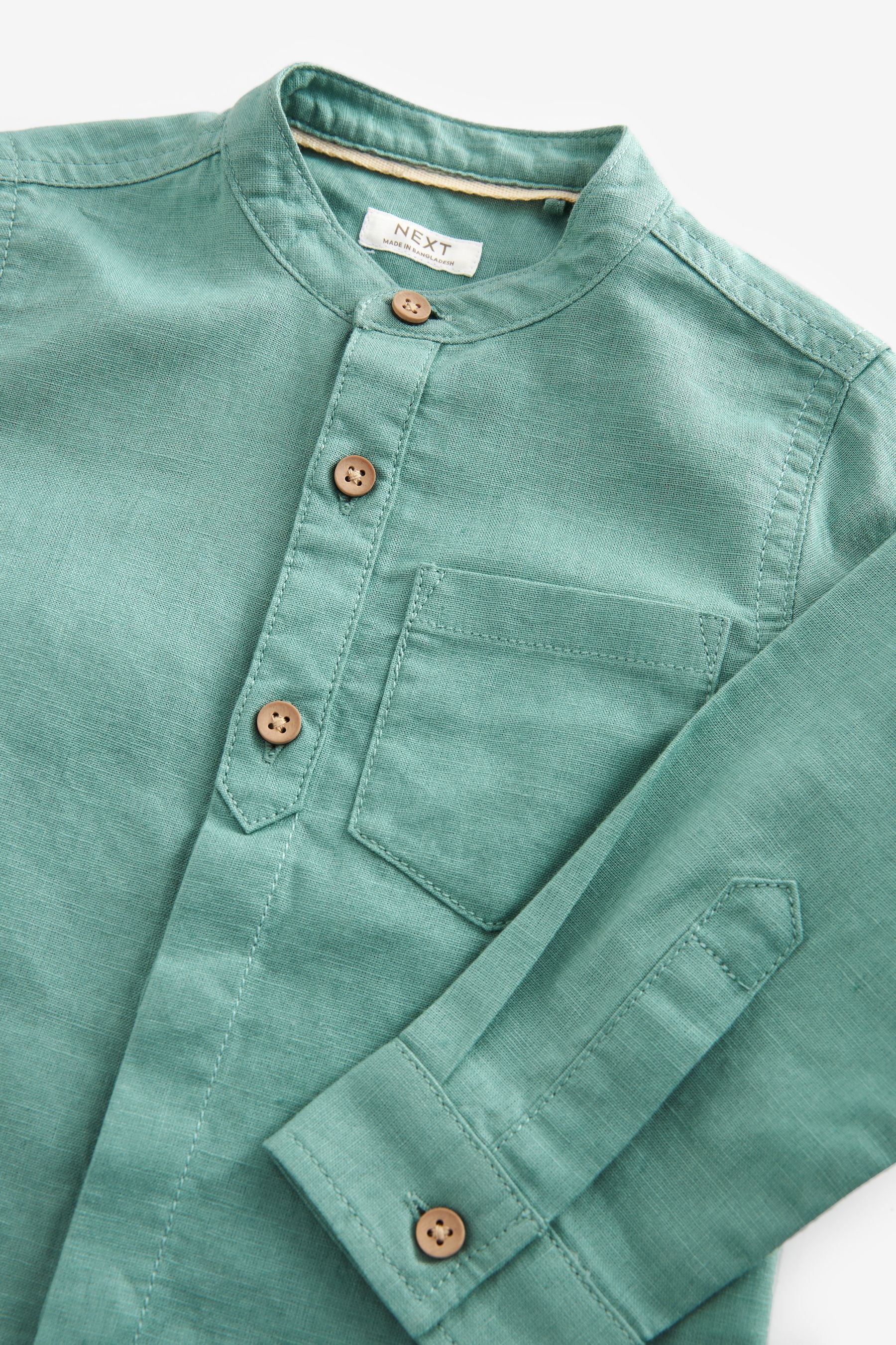 Green Grandad Collar Linen Mix Shirt (3mths-7yrs)