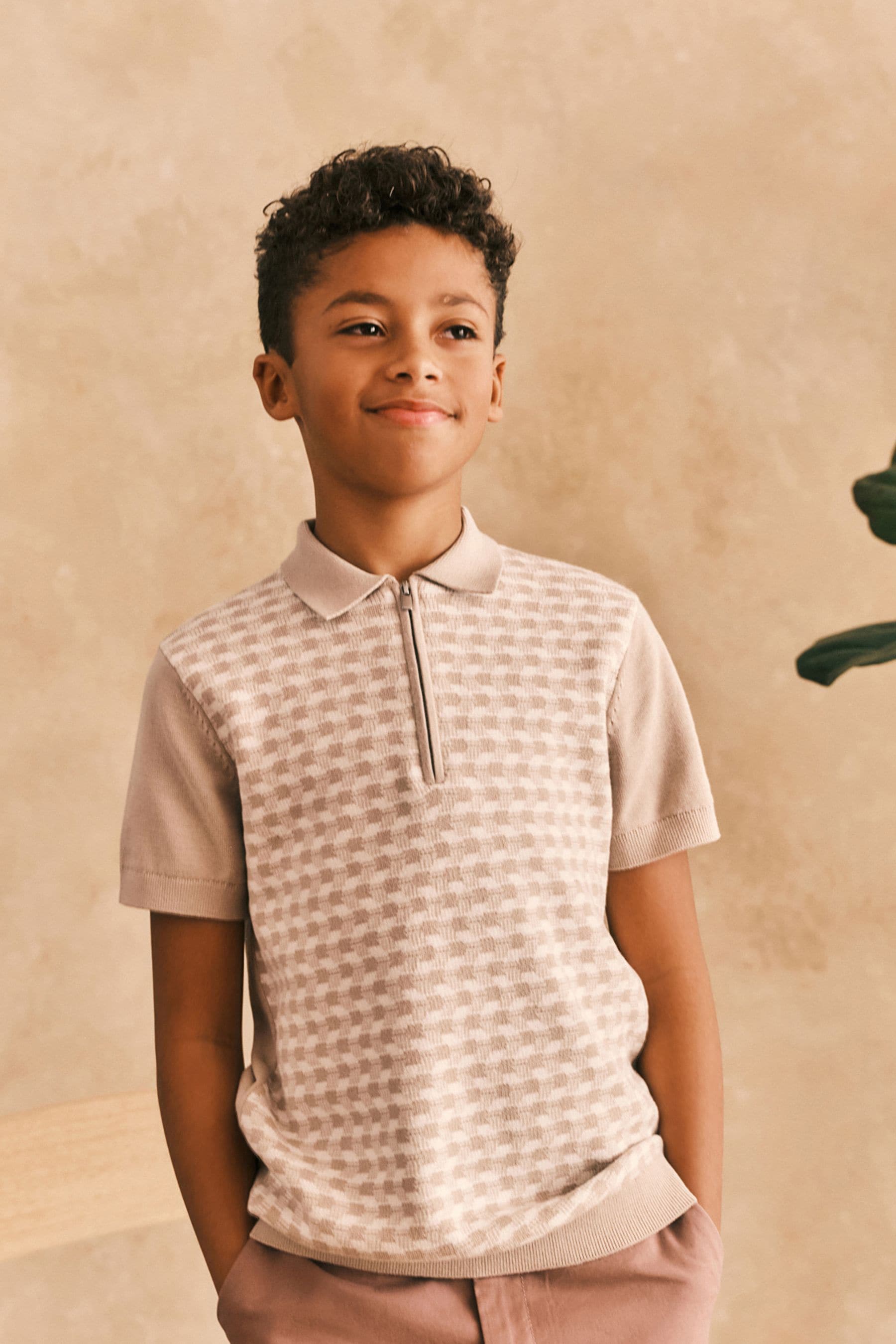 Neutral Print Short Sleeve Zip Neck Polo Shirt (3-16yrs)