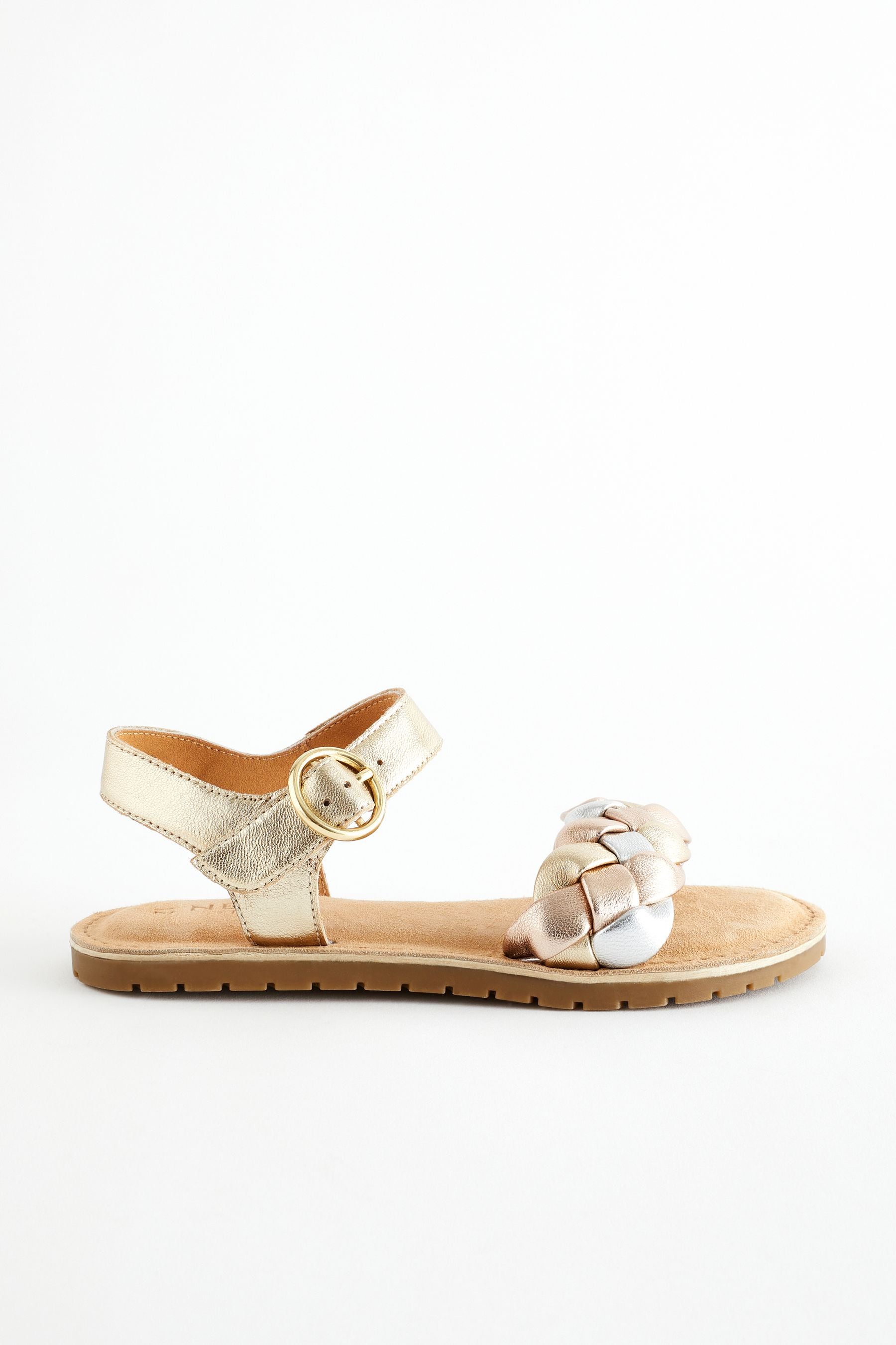 Gold Silver Metallic Leather Plaited Sandals