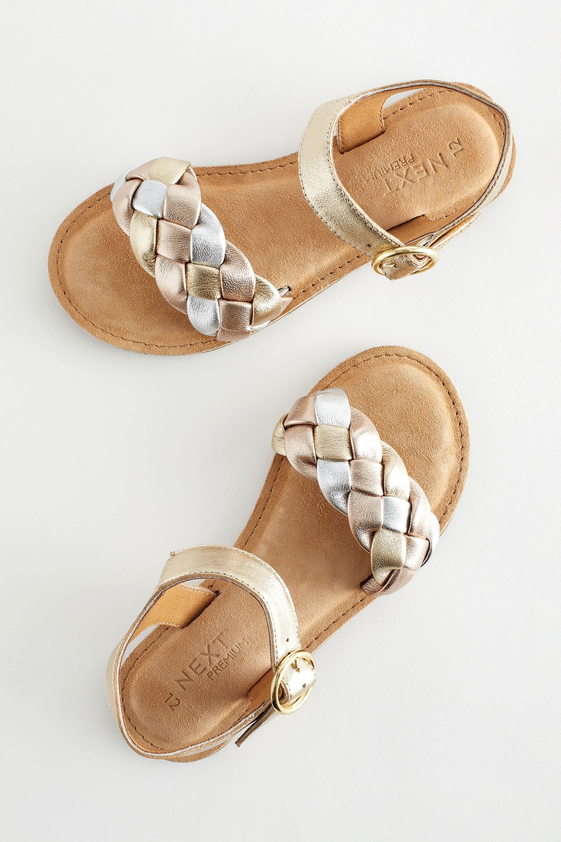 Gold Silver Metallic Leather Plaited Sandals