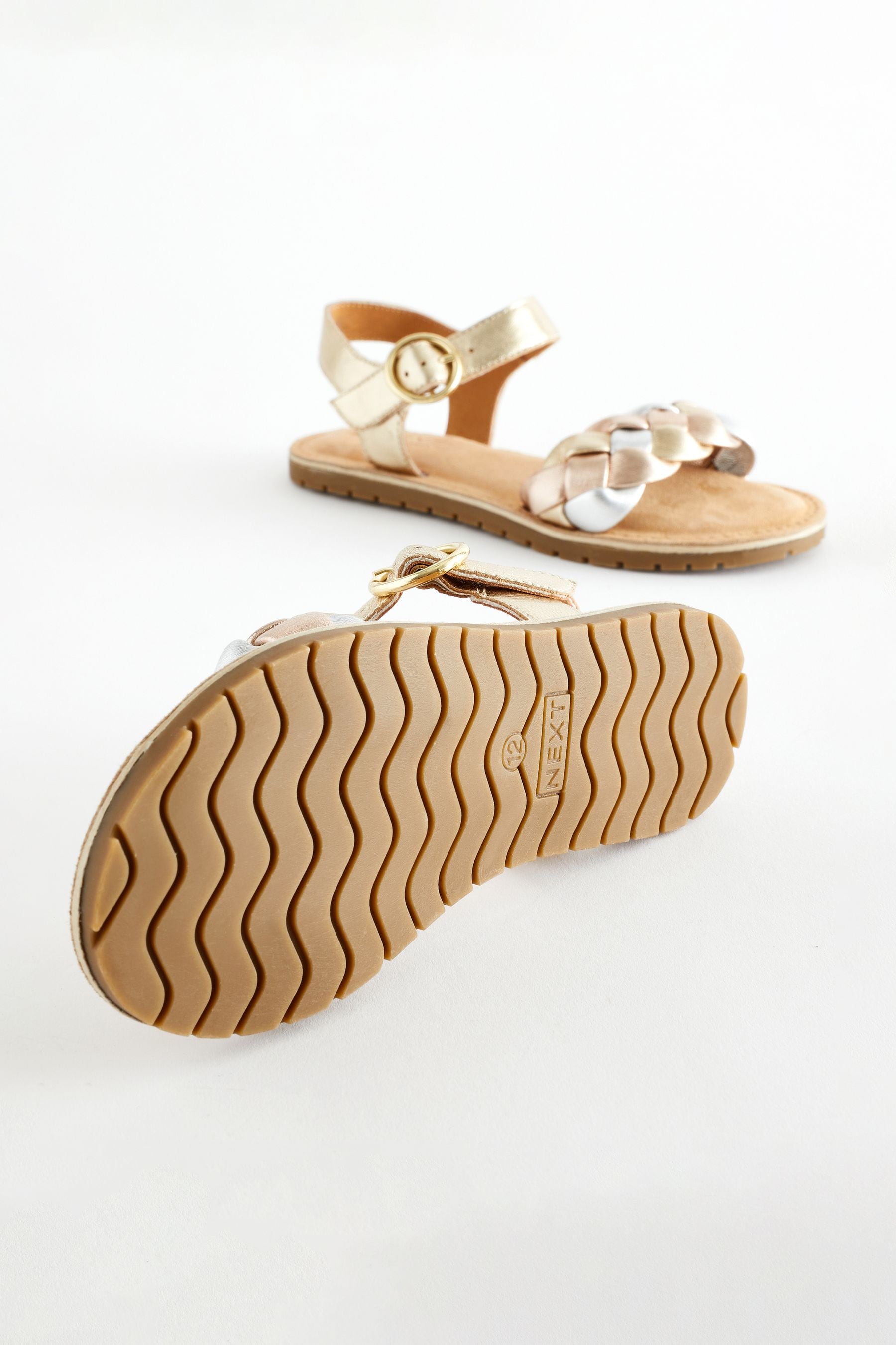 Gold Silver Metallic Leather Plaited Sandals