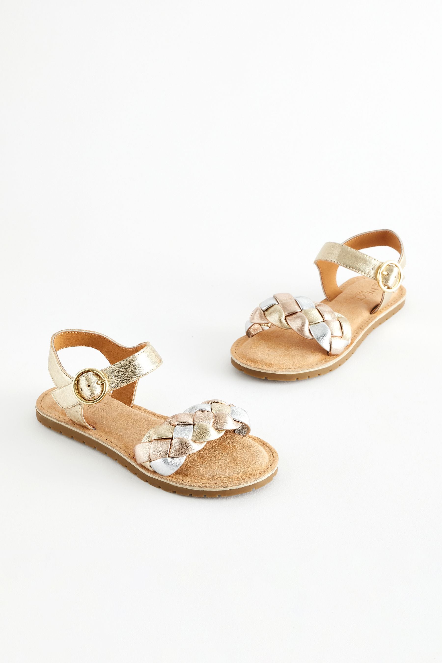 Gold Silver Metallic Leather Plaited Sandals