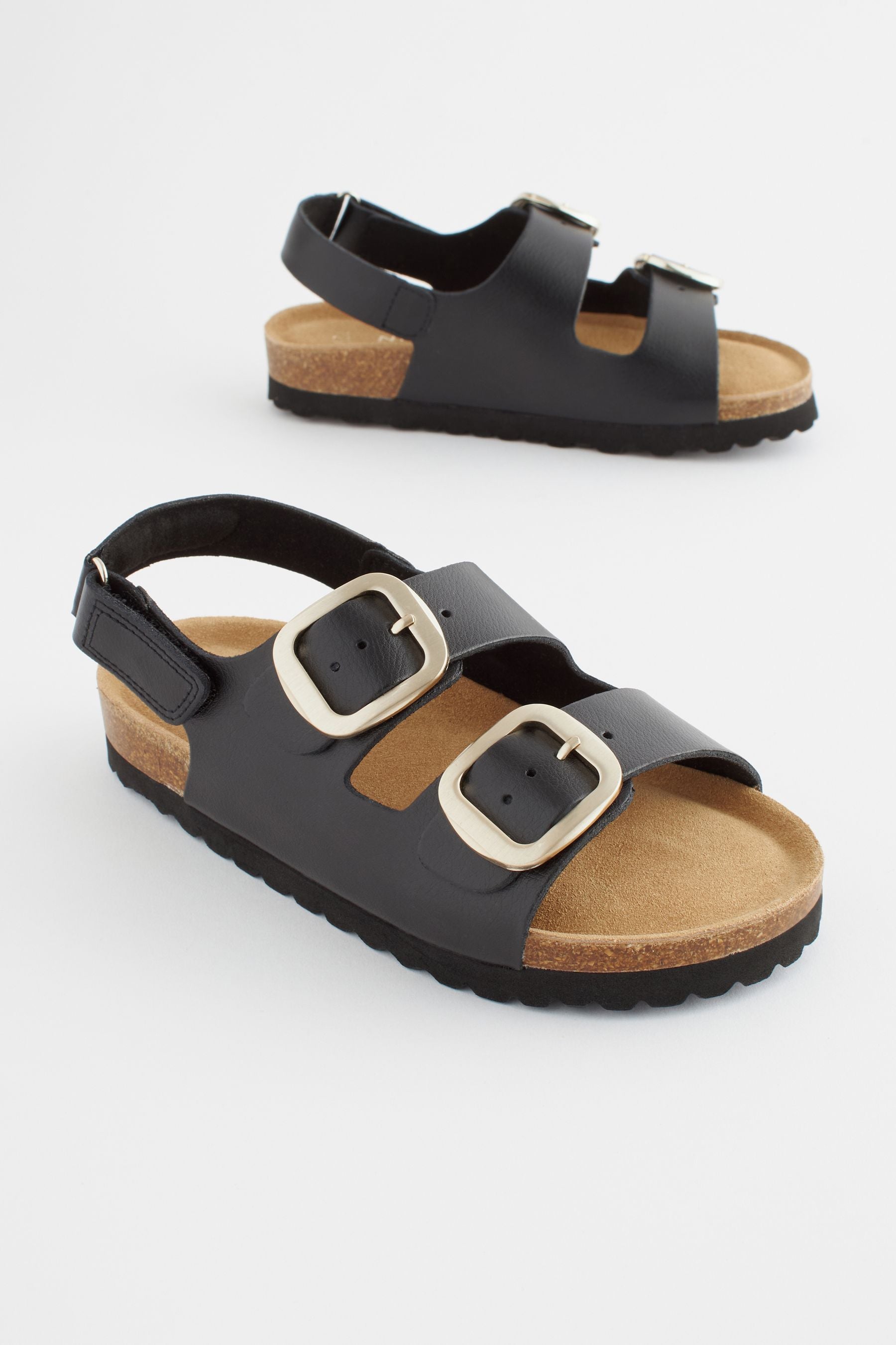 Black Leather Two Strap Corkbed Sandals