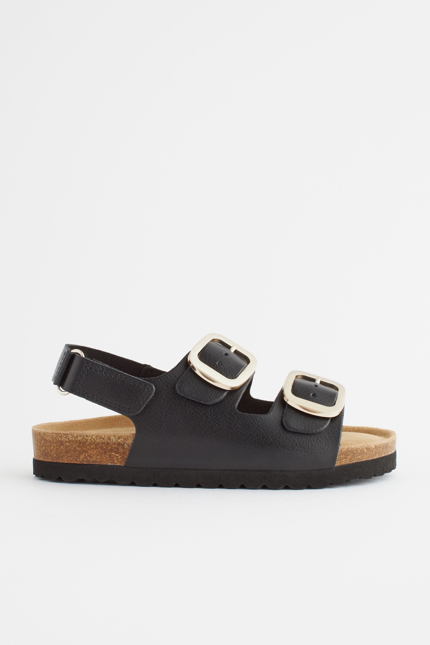 Black Leather Two Strap Corkbed Sandals