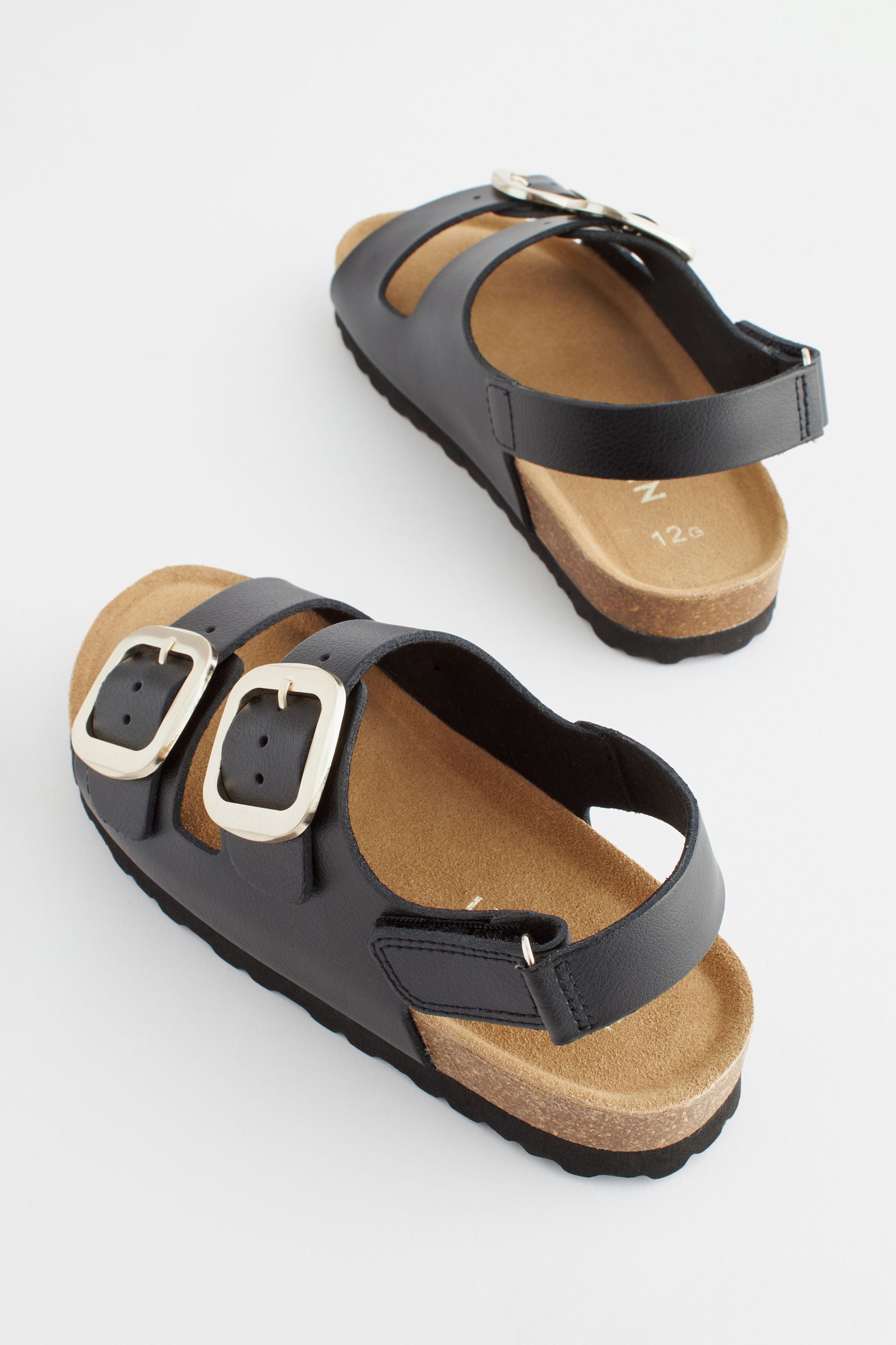 Black Leather Two Strap Corkbed Sandals