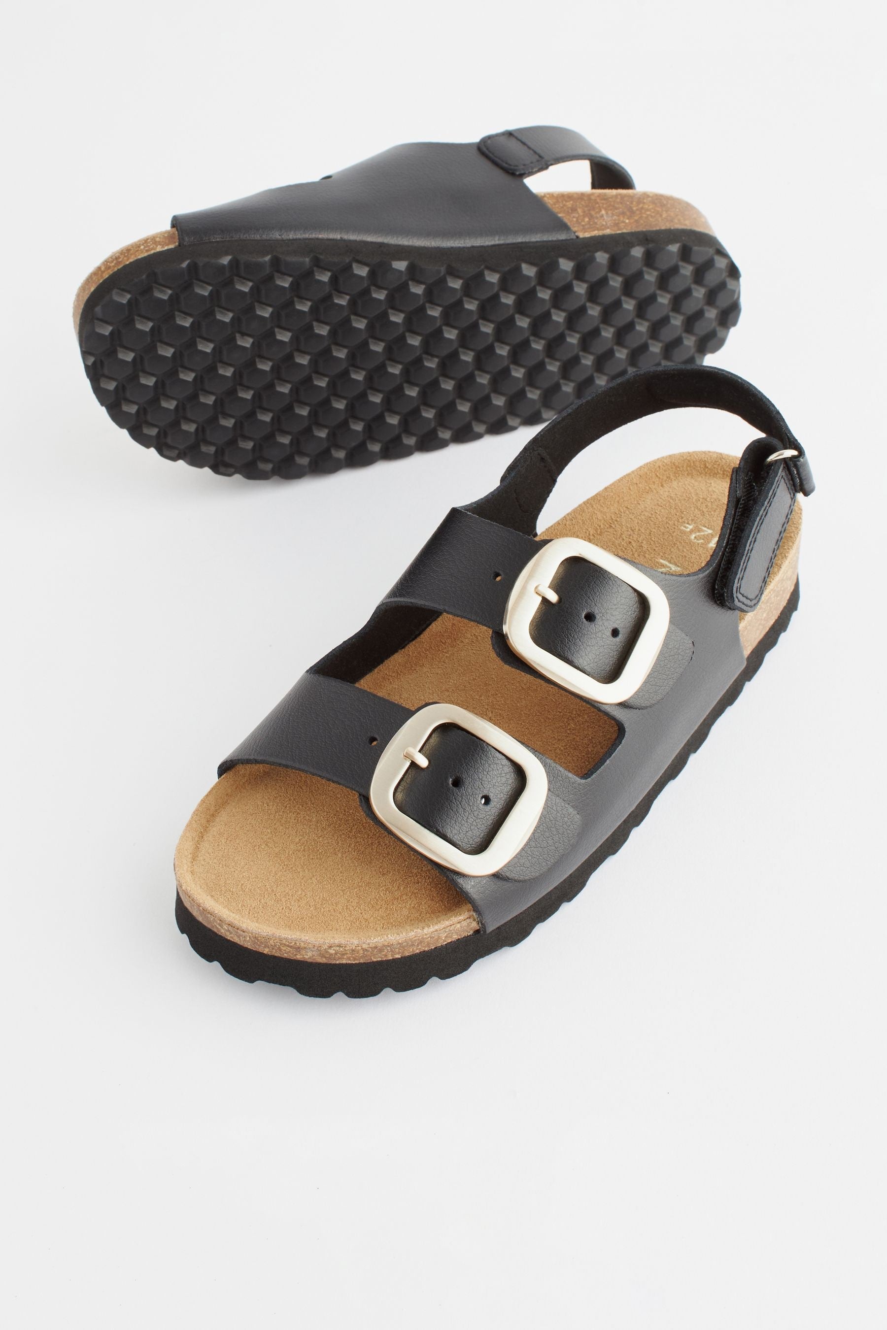 Black Leather Two Strap Corkbed Sandals