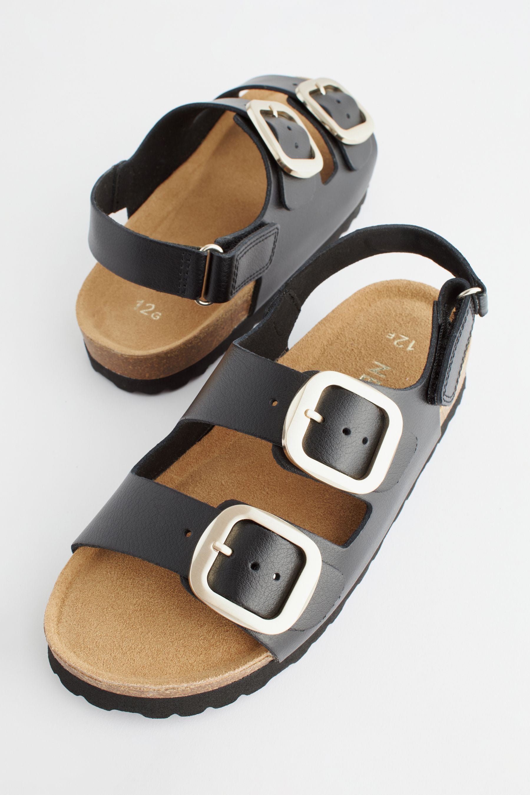 Black Leather Two Strap Corkbed Sandals