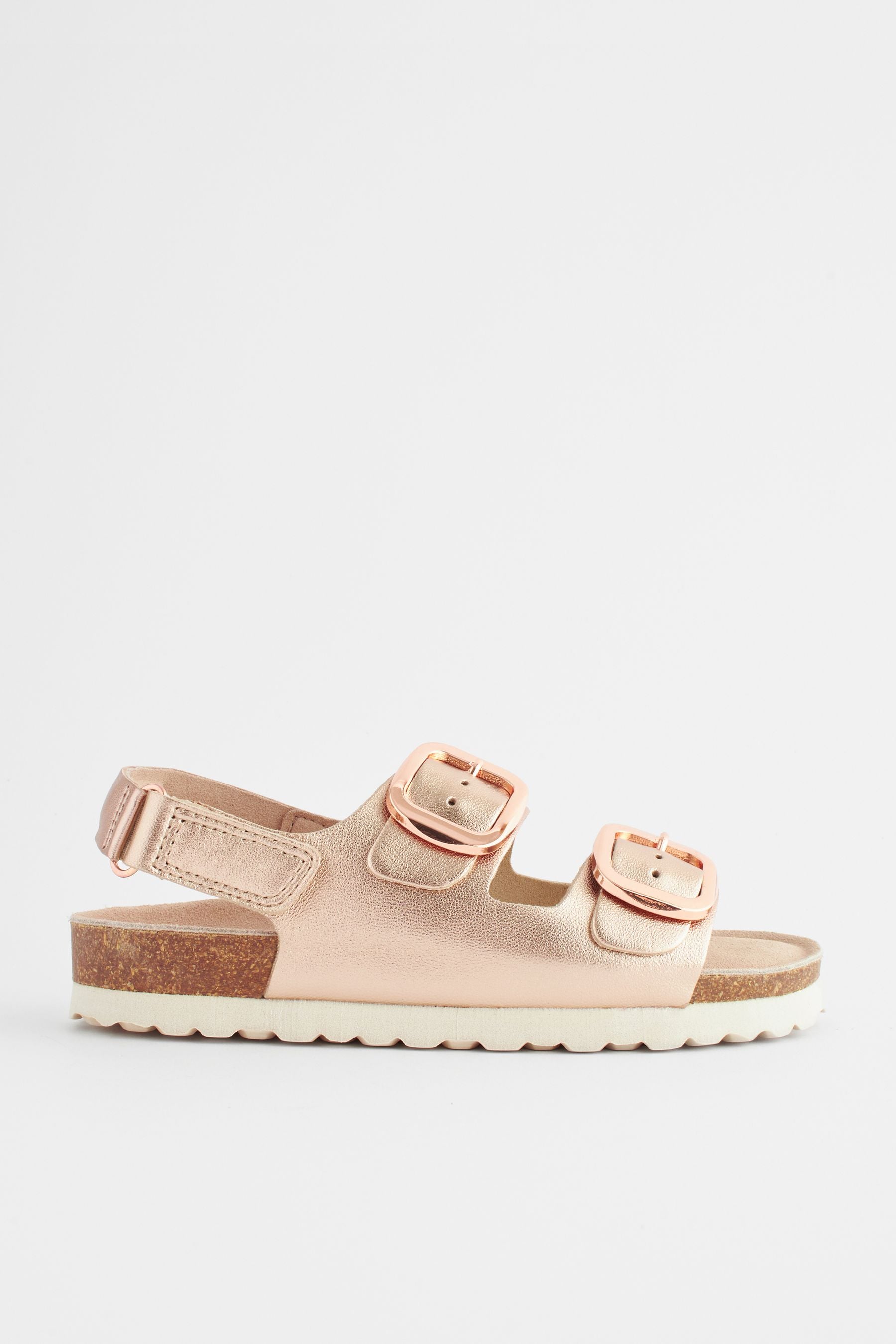 Rose Gold Leather Two Strap Corkbed Sandals