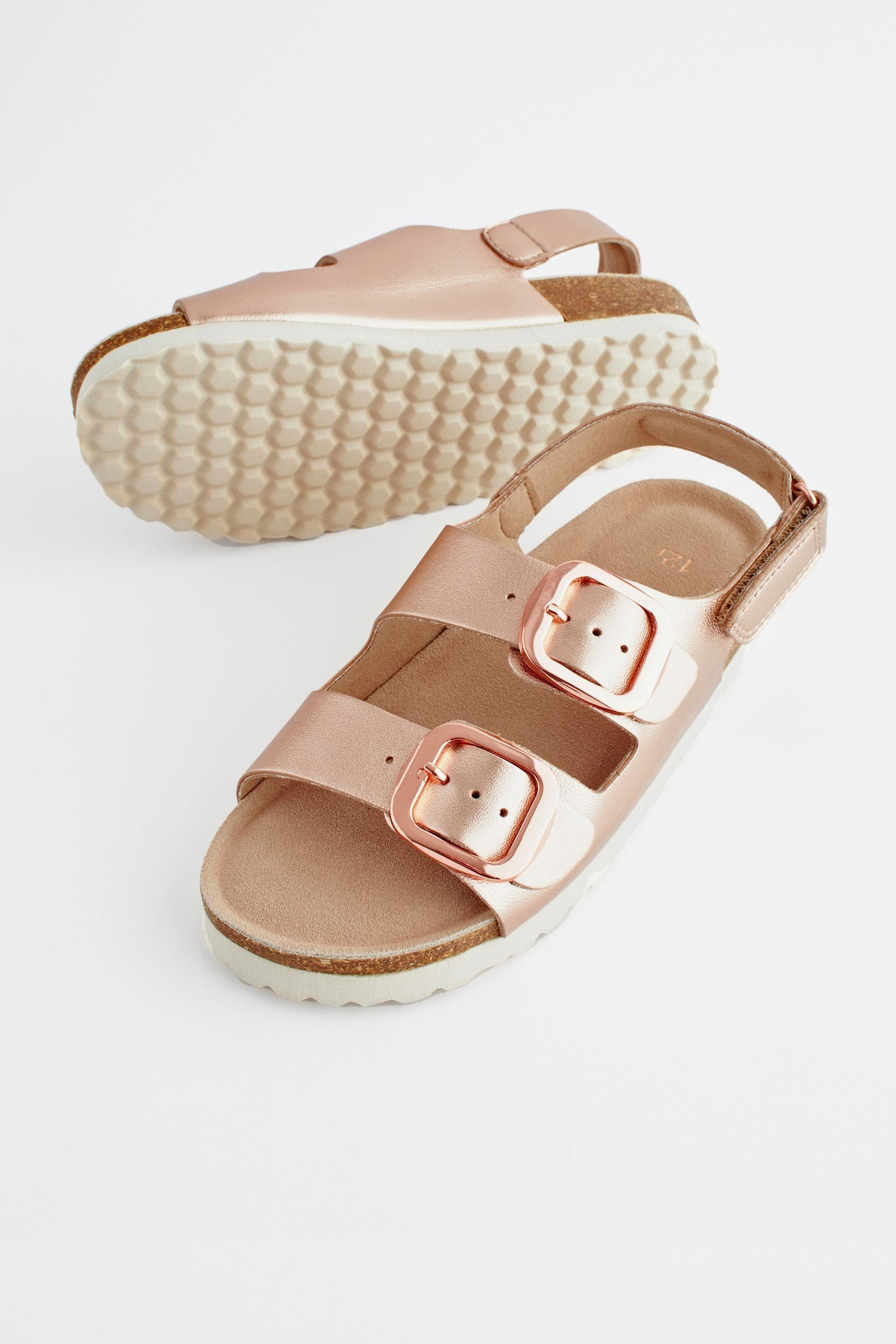 Rose Gold Leather Two Strap Corkbed Sandals