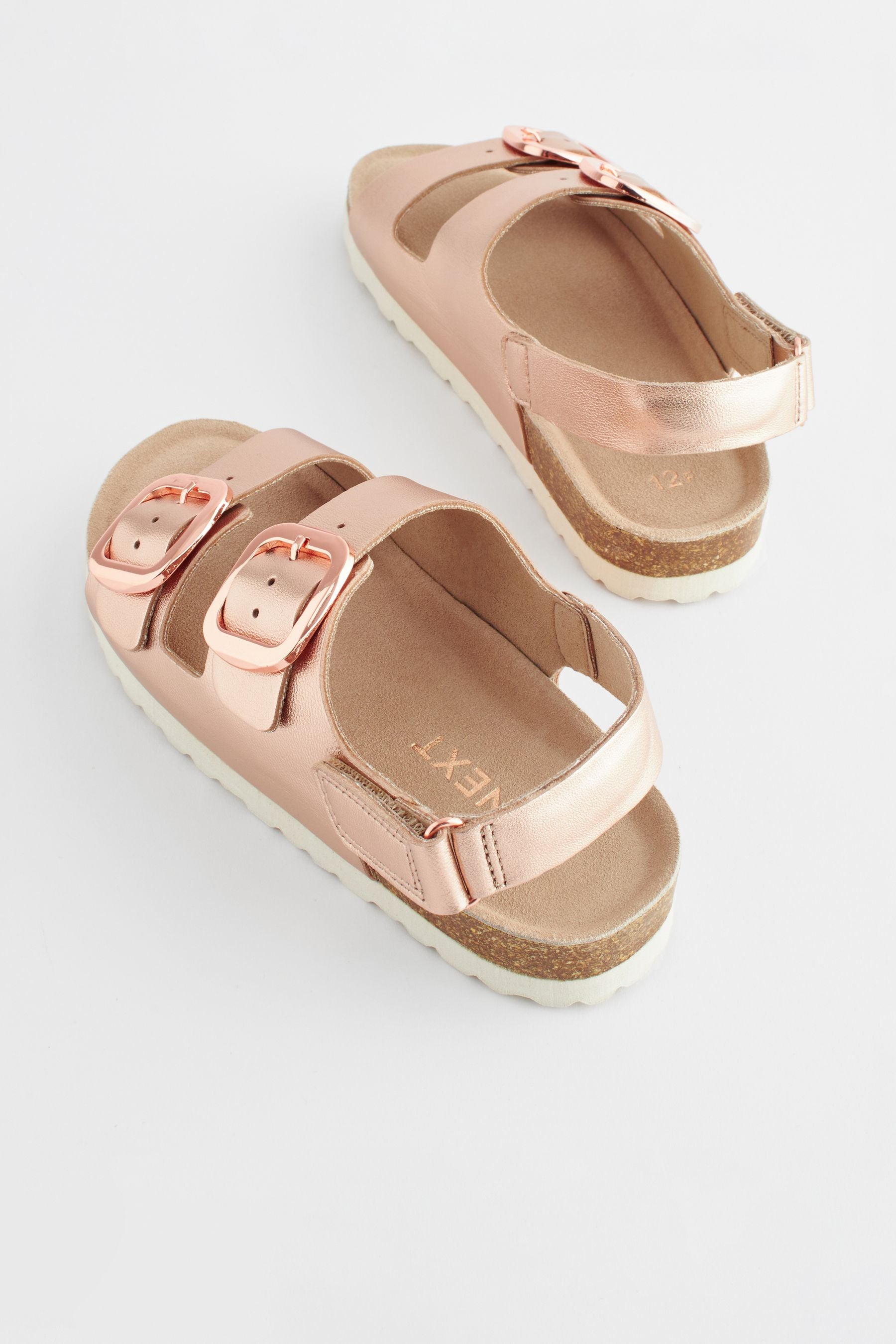 Rose Gold Leather Two Strap Corkbed Sandals