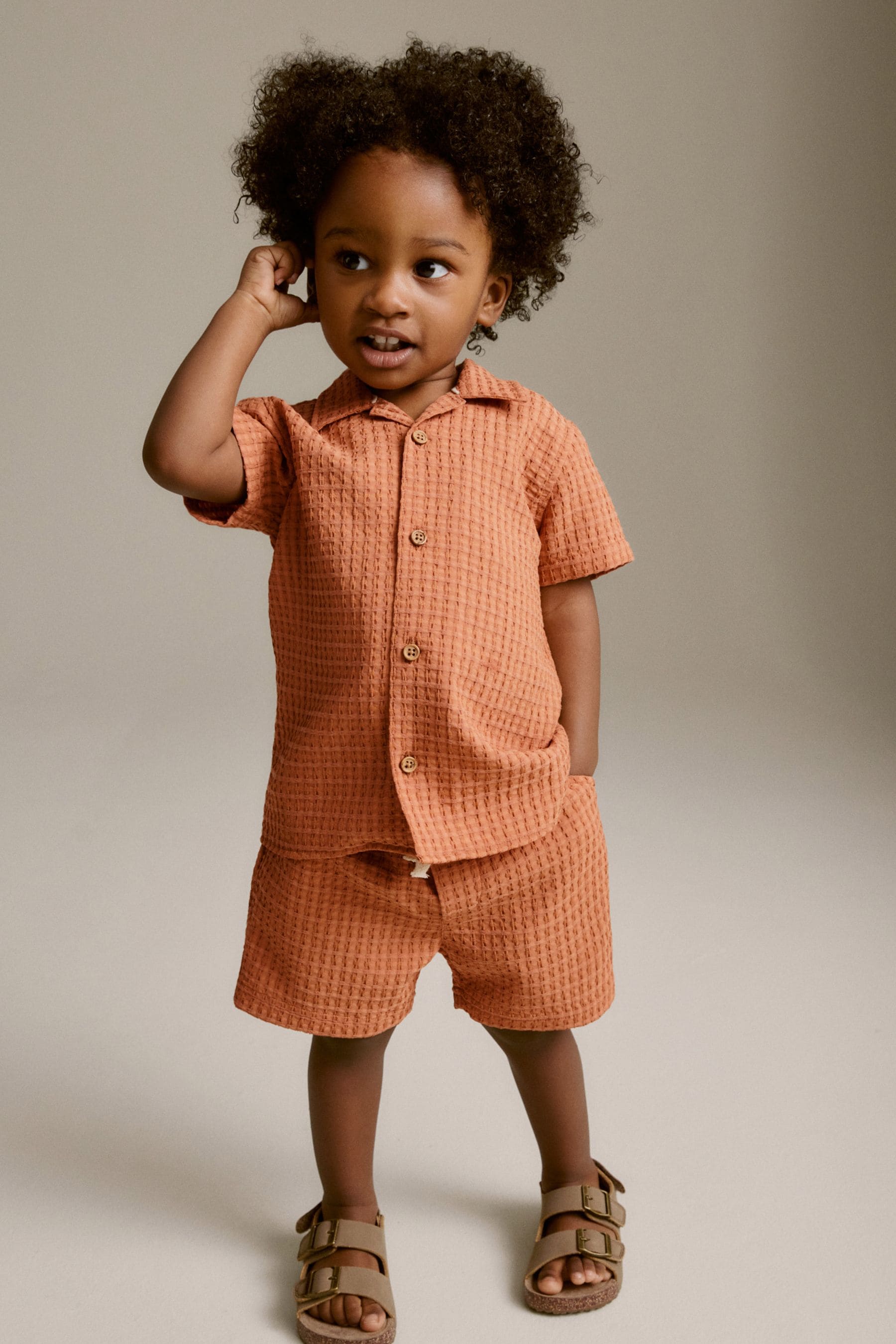 Rust Brown Short Sleeves Textured 100% Cotton Shirt and Shorts Set (3mths-7yrs)