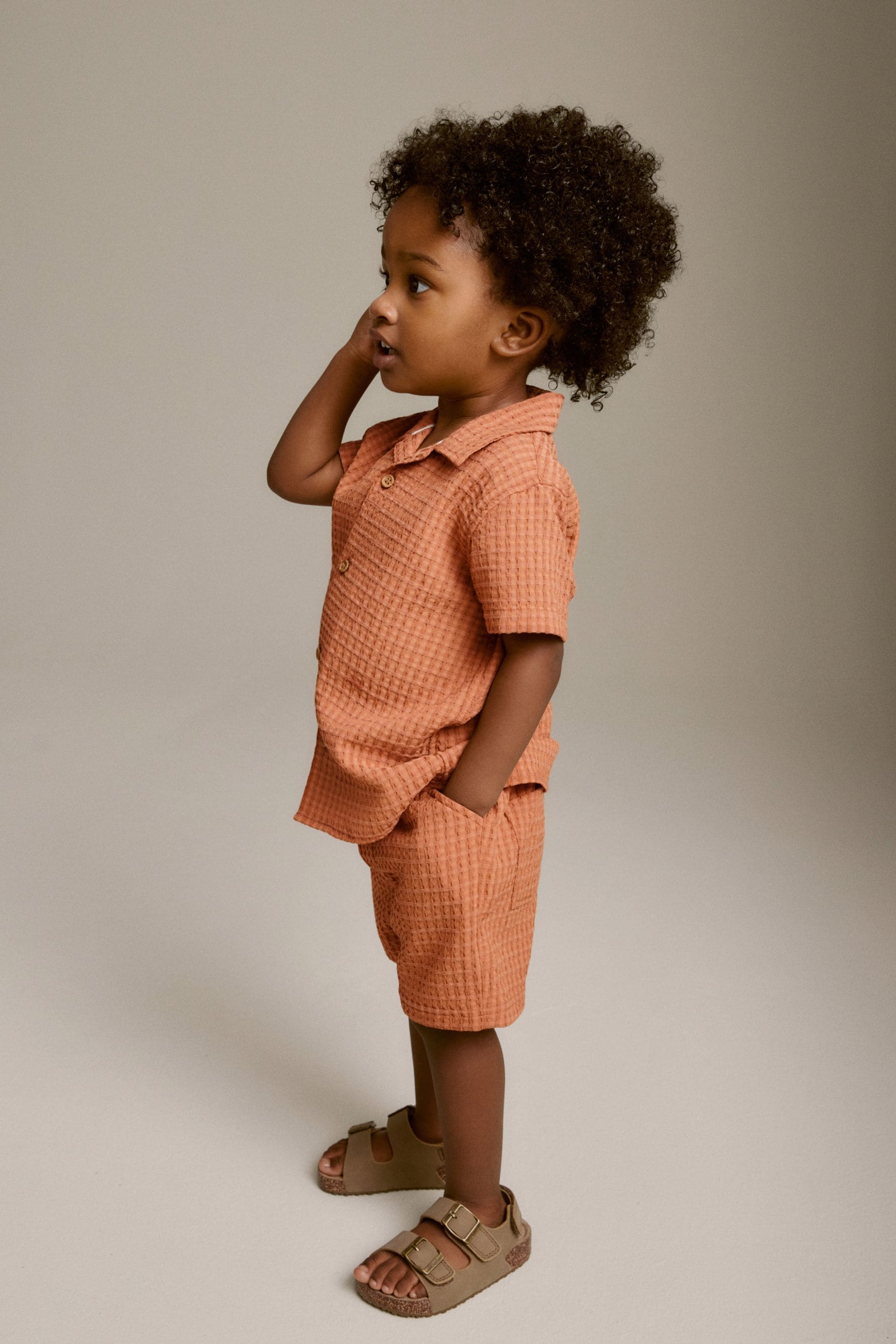 Rust Brown Short Sleeves Textured 100% Cotton Shirt and Shorts Set (3mths-7yrs)