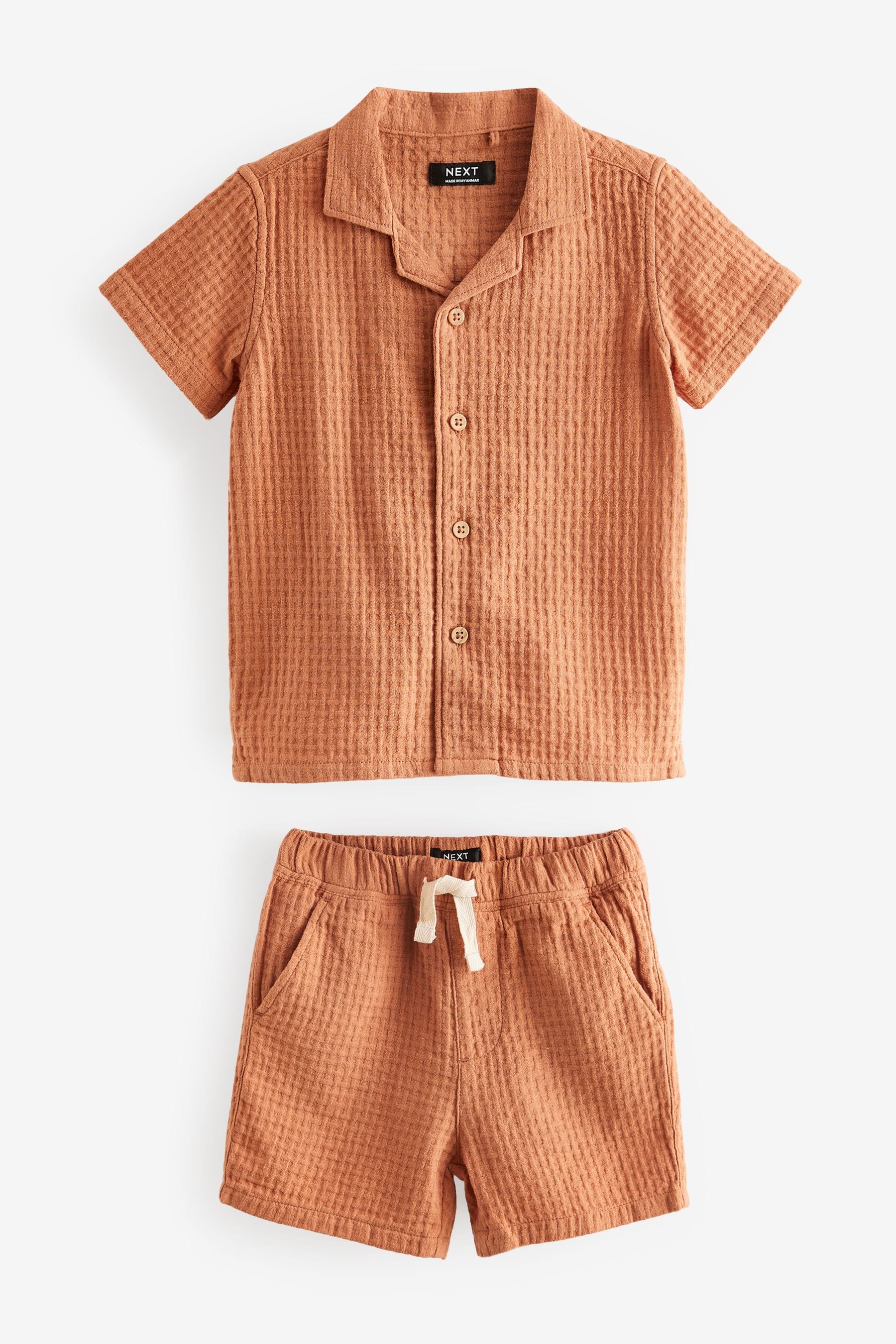 Rust Brown Short Sleeves Textured 100% Cotton Shirt and Shorts Set (3mths-7yrs)