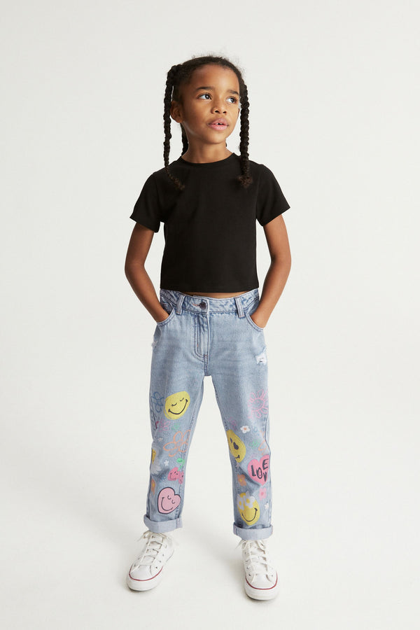 Mid Blue Denim Mom 100% Cotton Smiley World Jeans (3-16yrs)