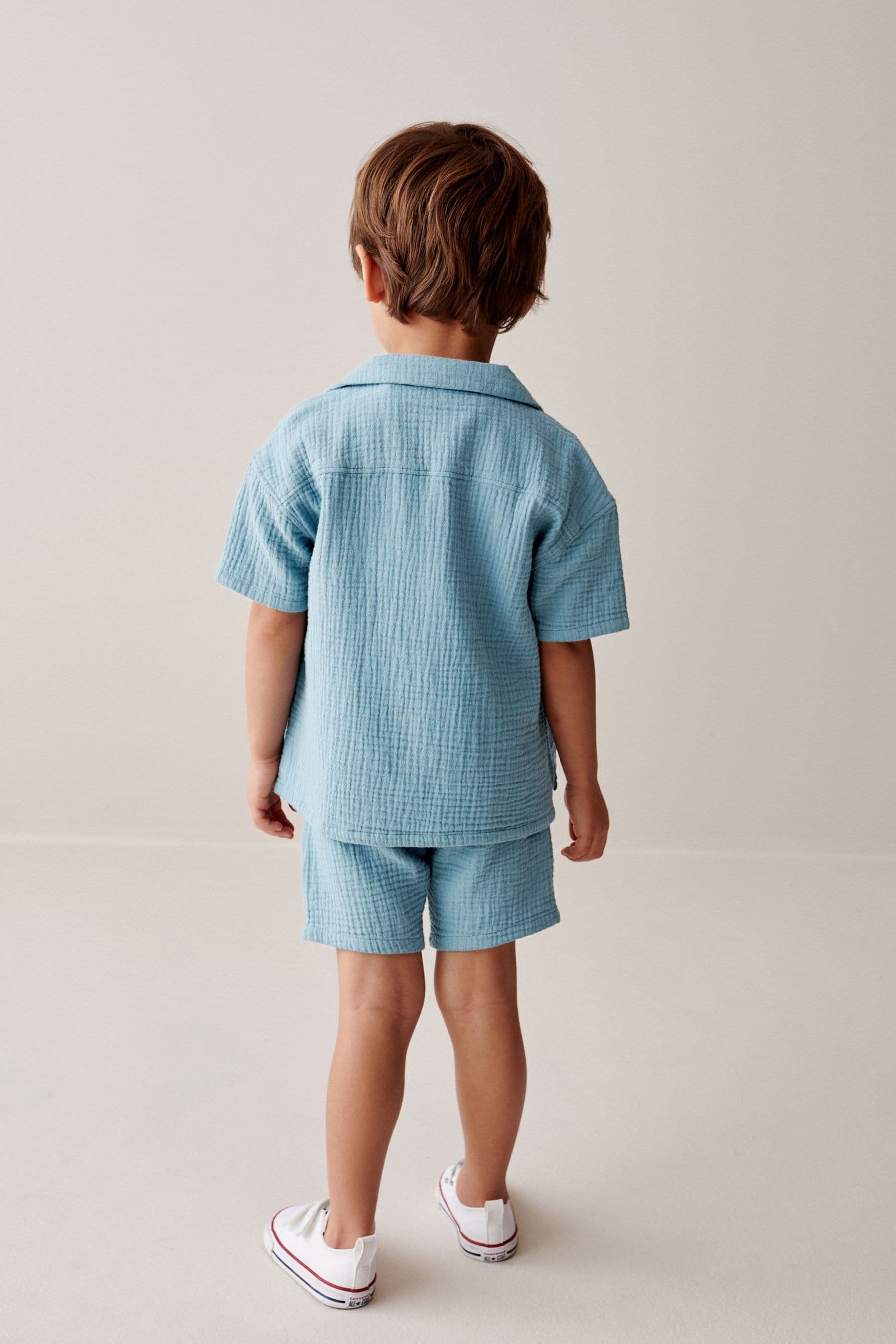 Blue Short Sleeves Textured 100% Cotton Shirt and Shorts Set (3mths-12yrs)