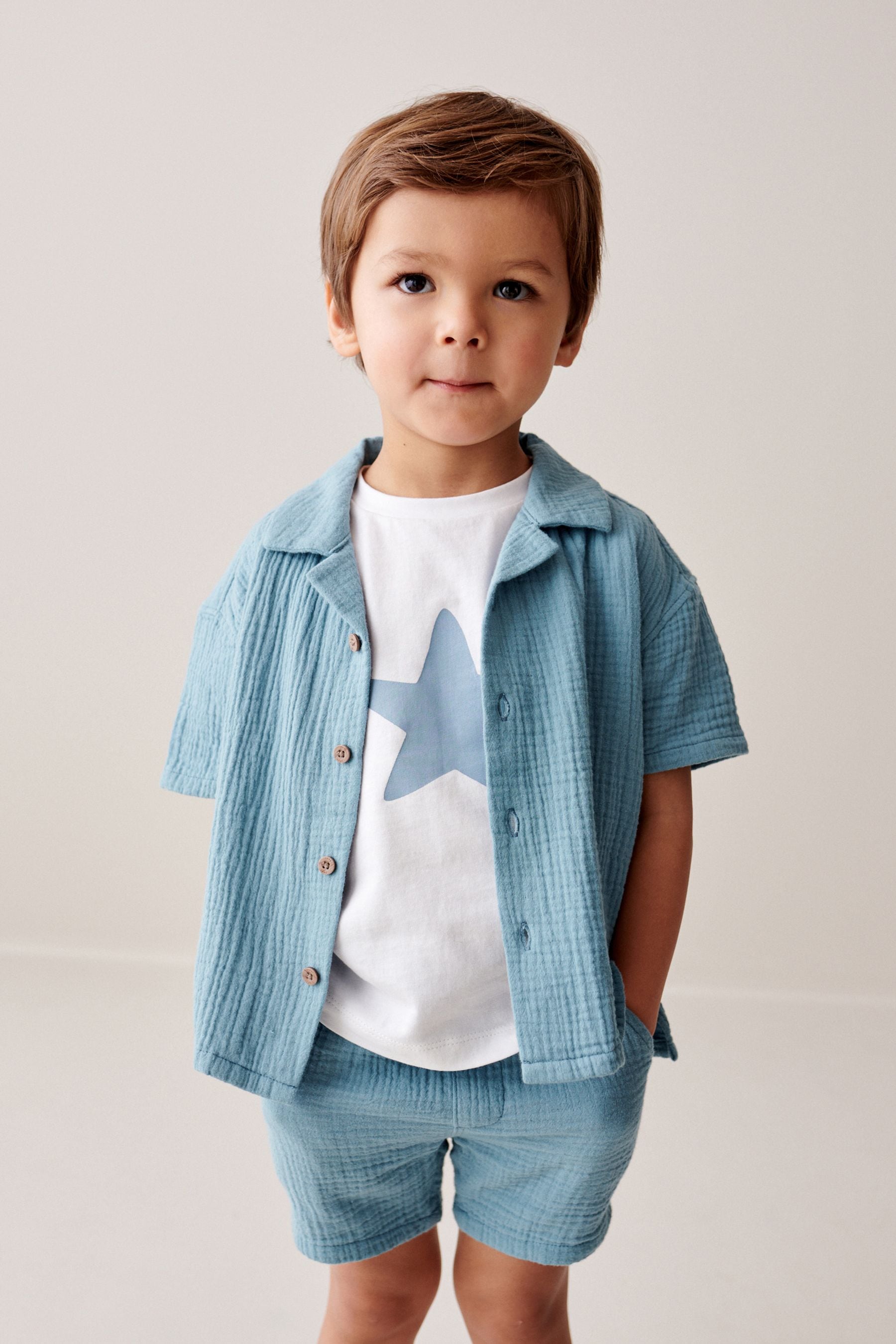 Blue Short Sleeve Textured Shirt and Shorts Set (3mths-12yrs)