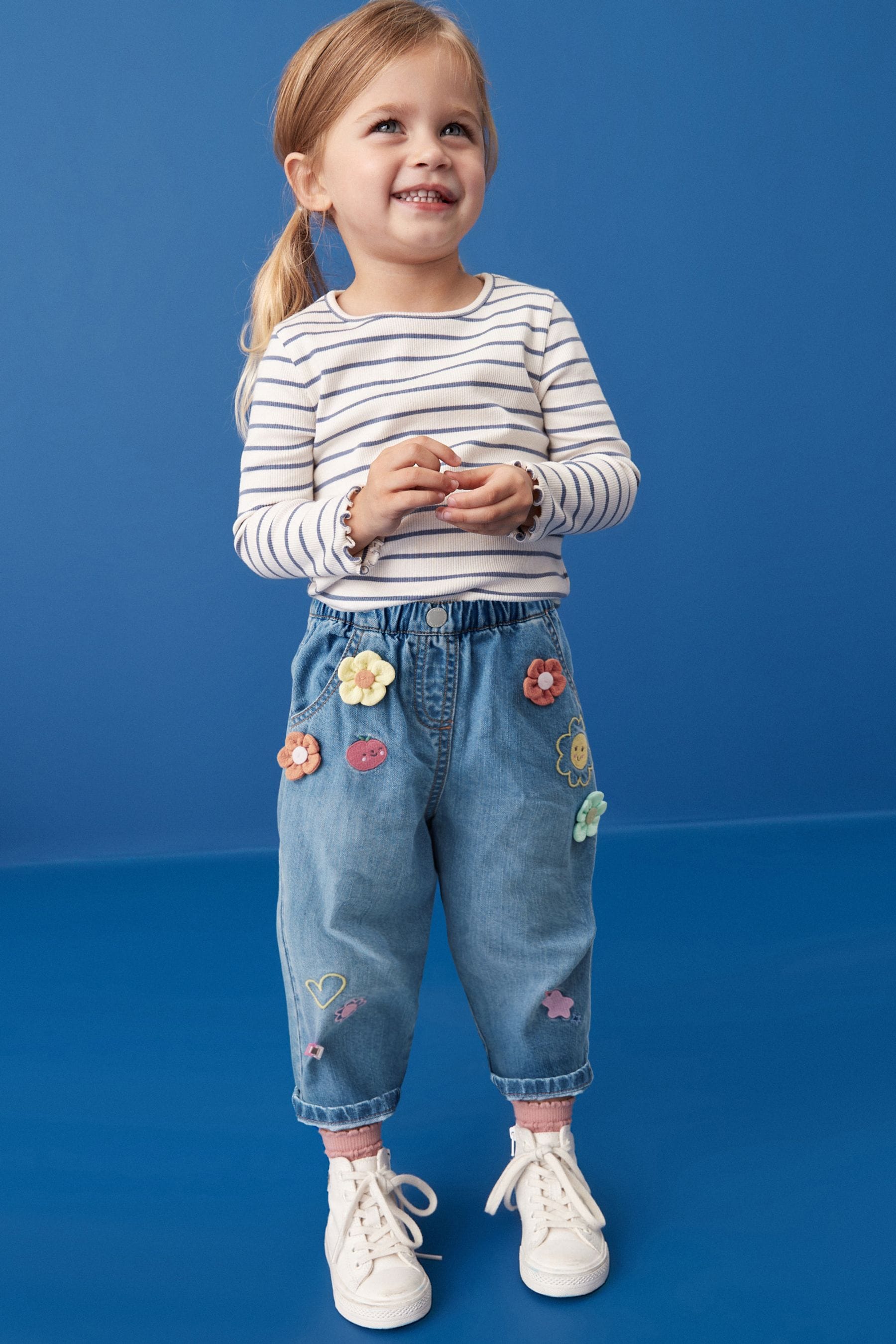 Blue 3D Flower Print Slouchy 100% Cotton Jeans (3mths-7yrs)