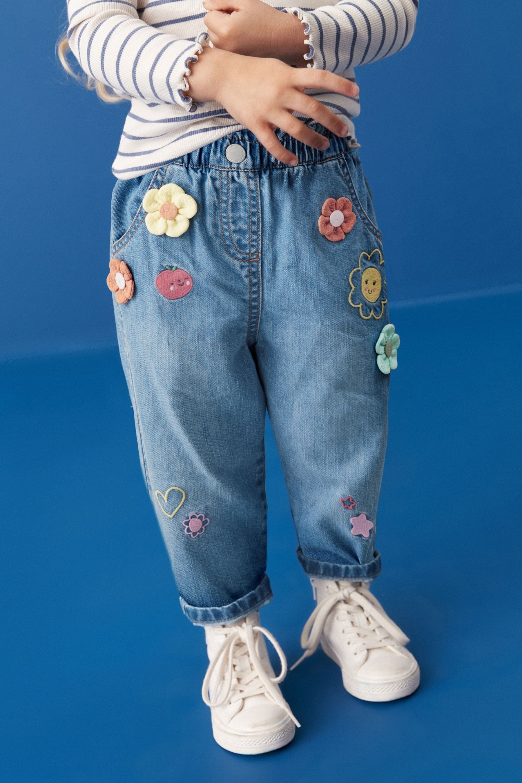 Blue 3D Flower Print Slouchy 100% Cotton Jeans (3mths-7yrs)