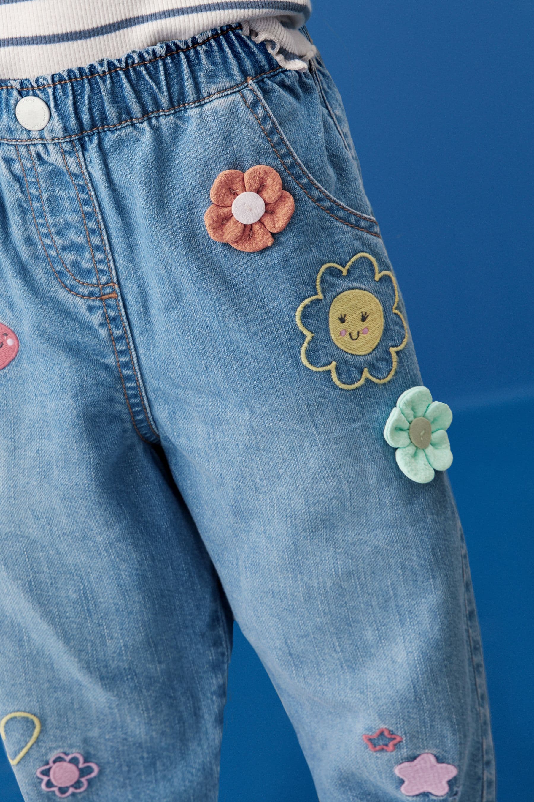 Blue 3D Flower Print Slouchy 100% Cotton Jeans (3mths-7yrs)