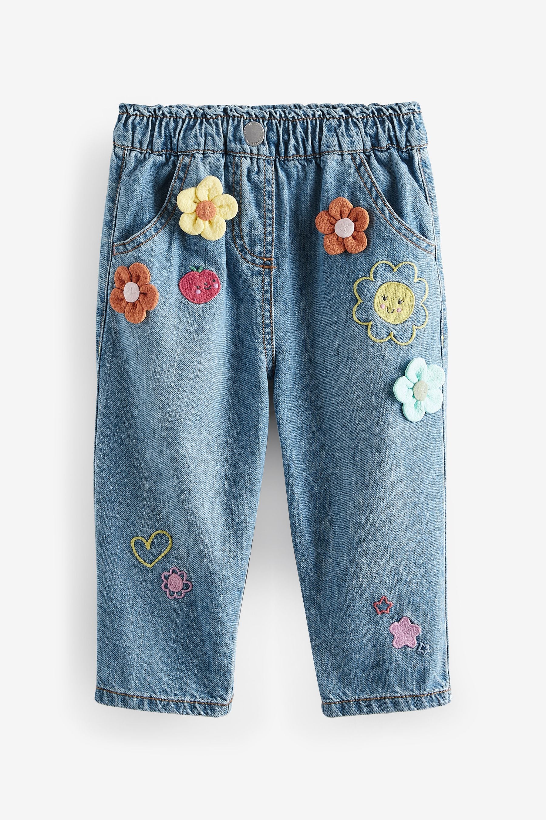 Blue 3D Flower Print Slouchy 100% Cotton Jeans (3mths-7yrs)