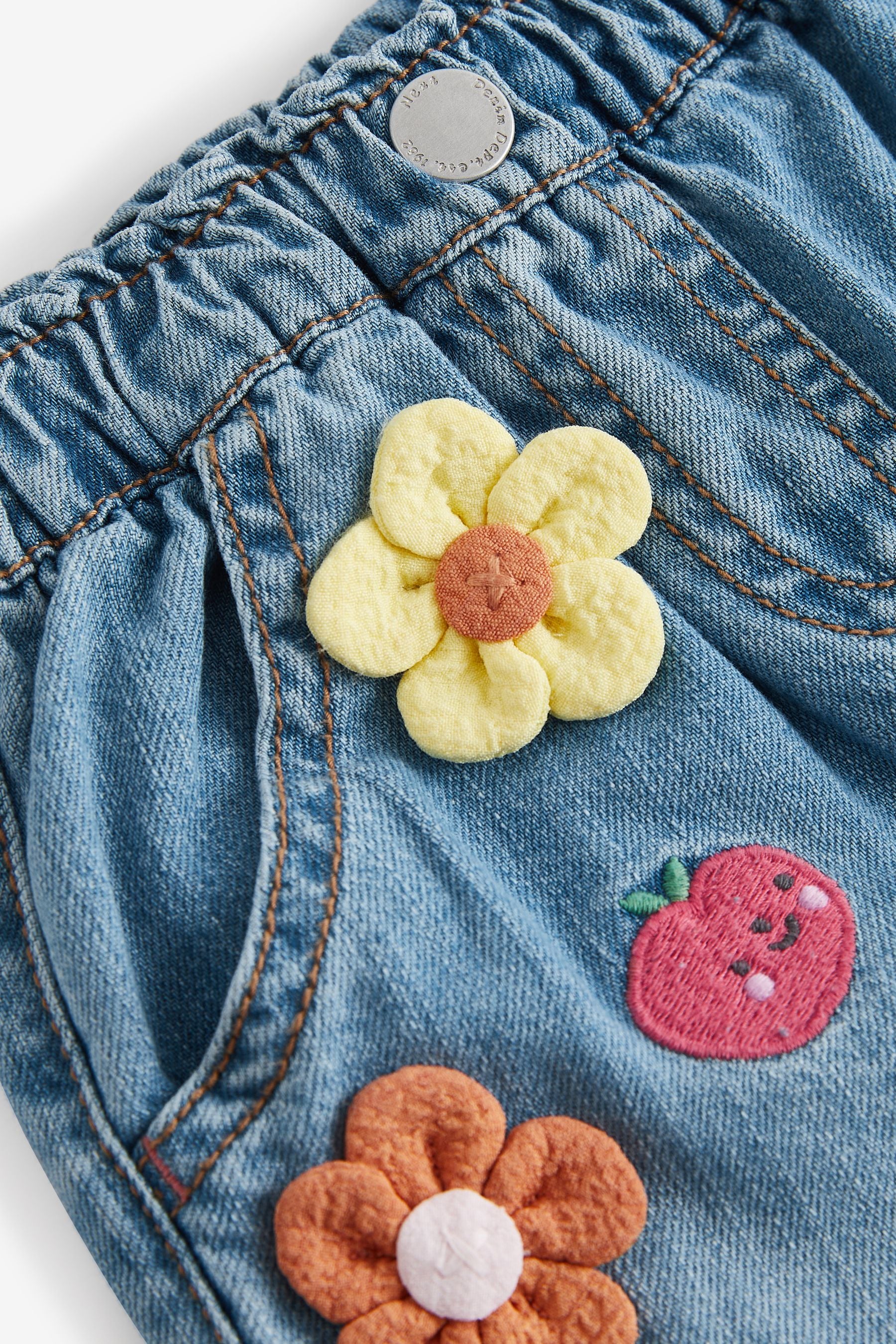 Blue 3D Flower Print Slouchy 100% Cotton Jeans (3mths-7yrs)