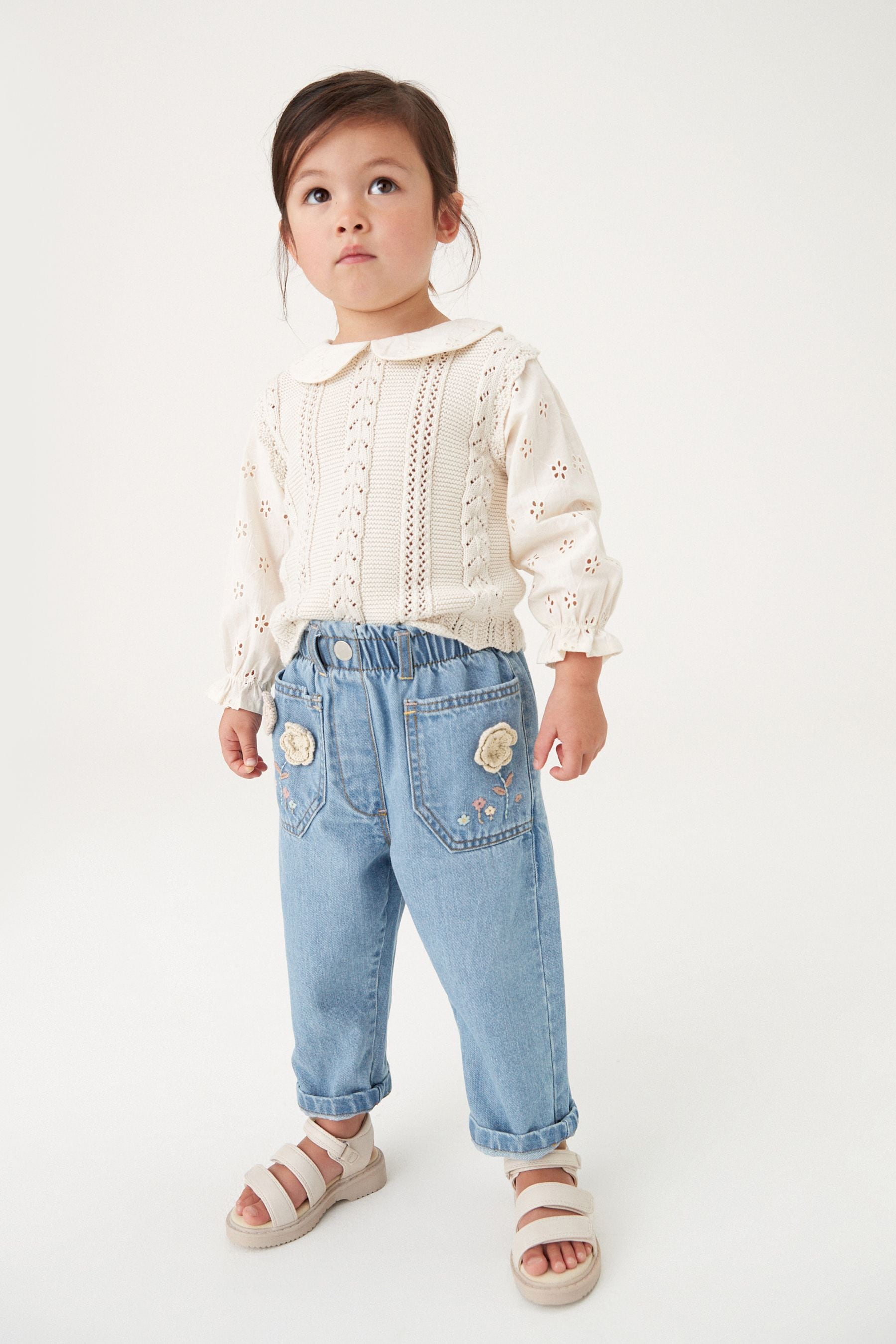 Mid Blue Denim Crochet Flower Slouchy Jeans (3mths-7yrs)