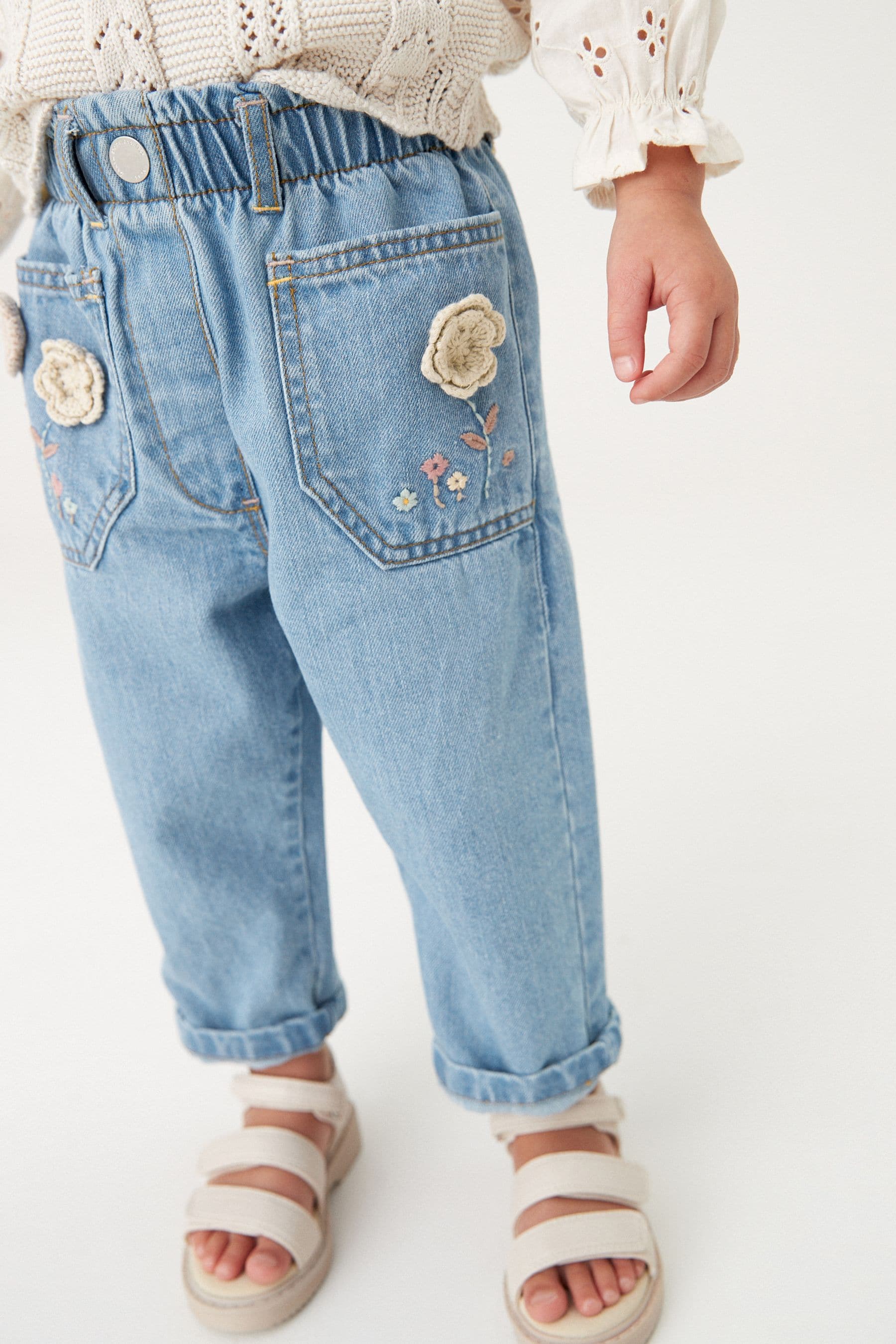 Mid Blue Denim Crochet Flower Slouchy Jeans (3mths-7yrs)