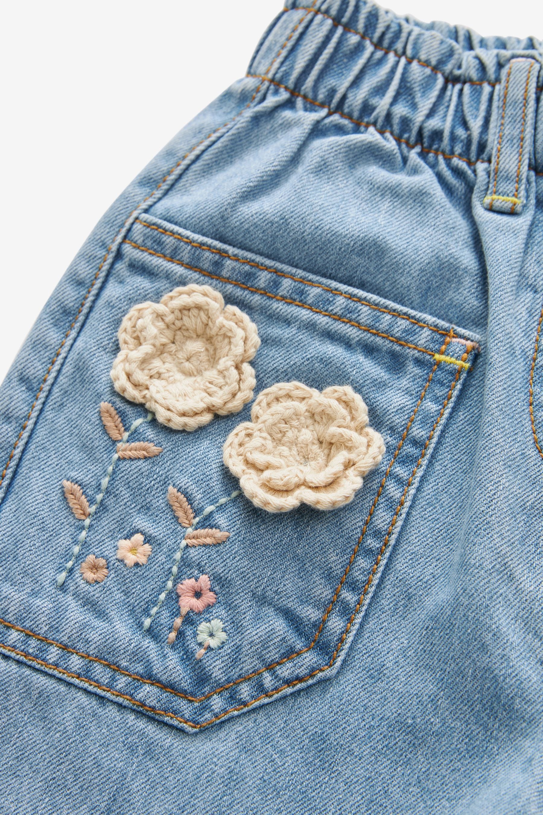 Mid Blue Denim Crochet Flower Slouchy Jeans (3mths-7yrs)