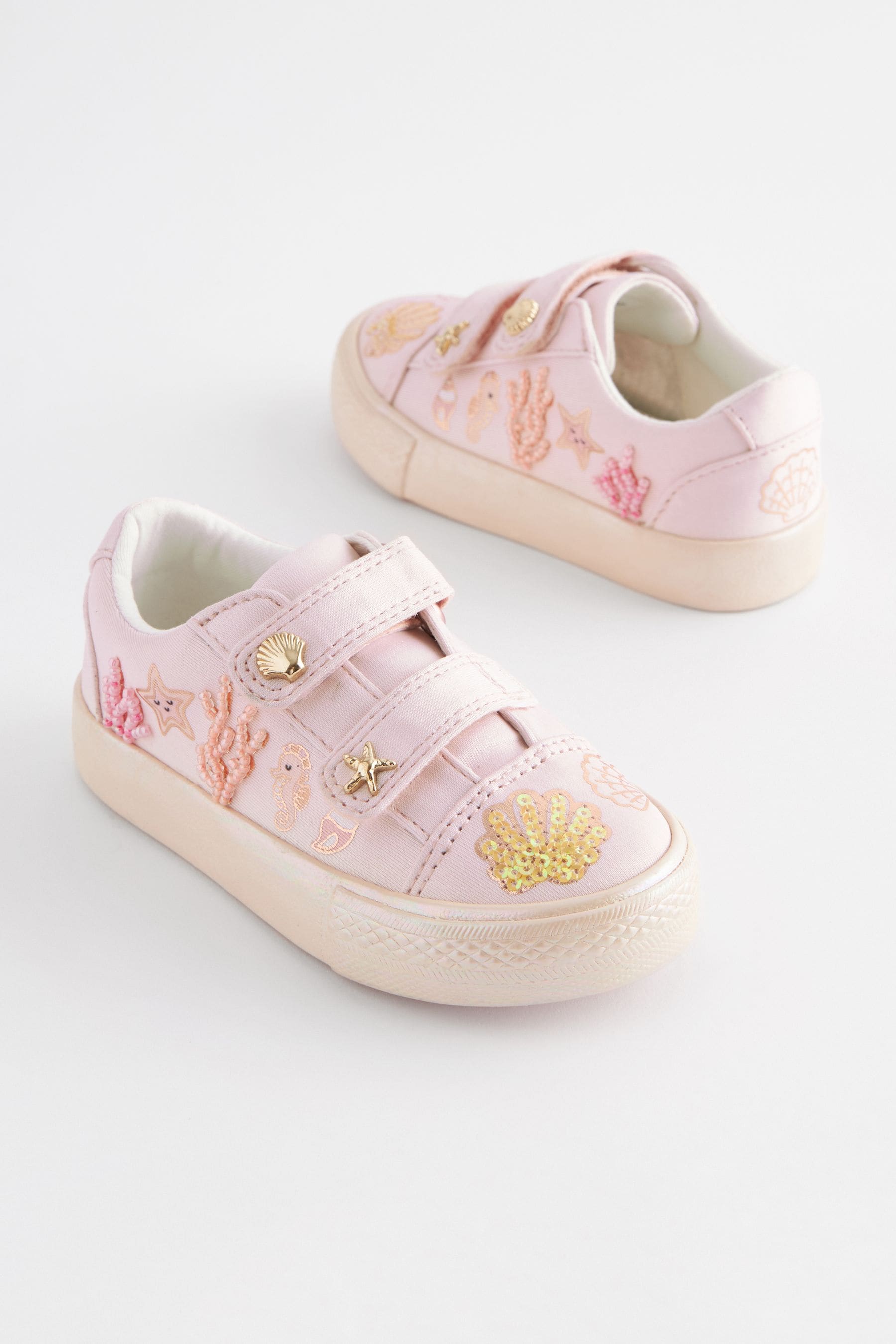 Pink Seashell Standard Fit (F) Embellished Touch Fasten Strap Trainers