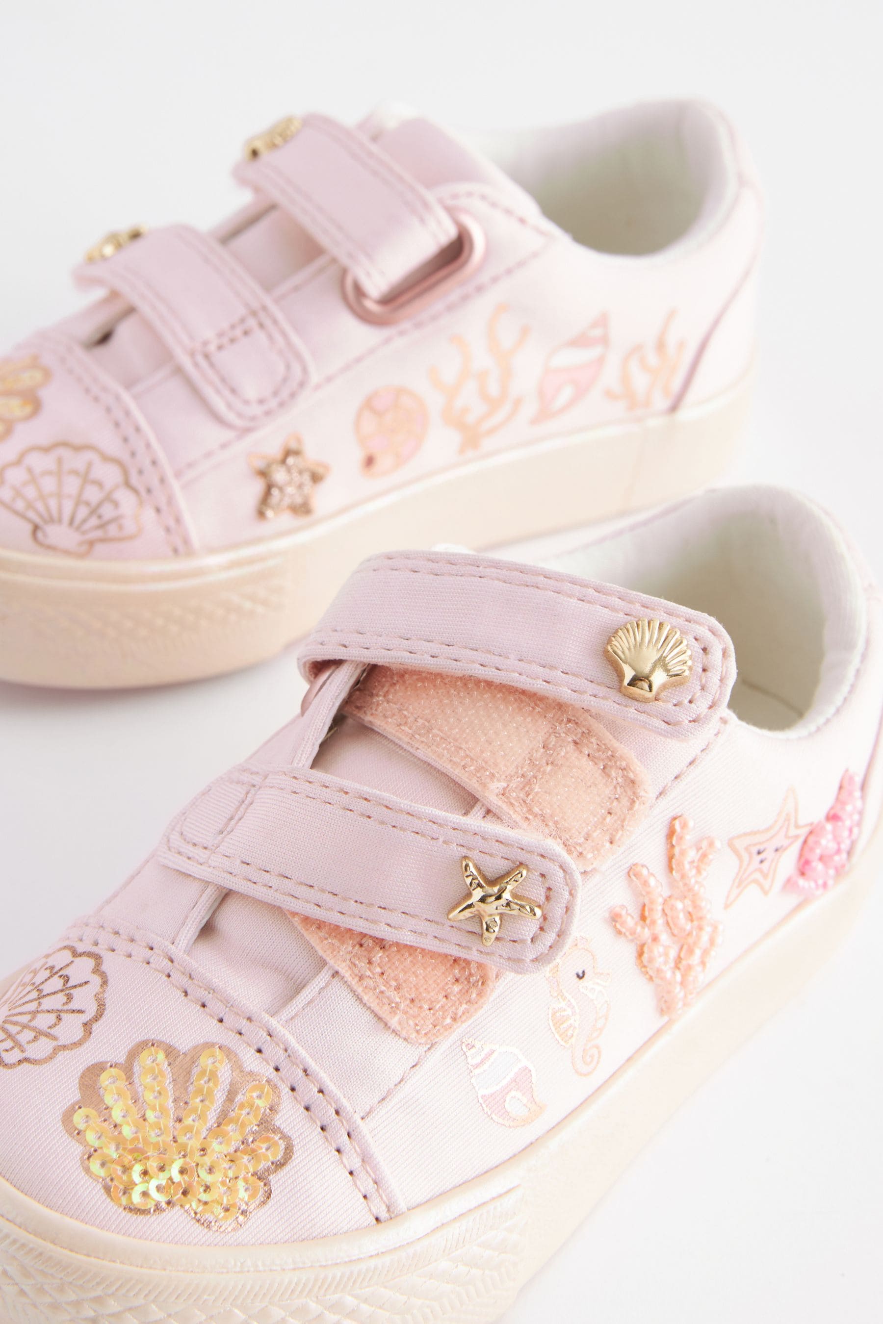 Pink Seashell Standard Fit (F) Embellished Touch Fasten Strap Trainers