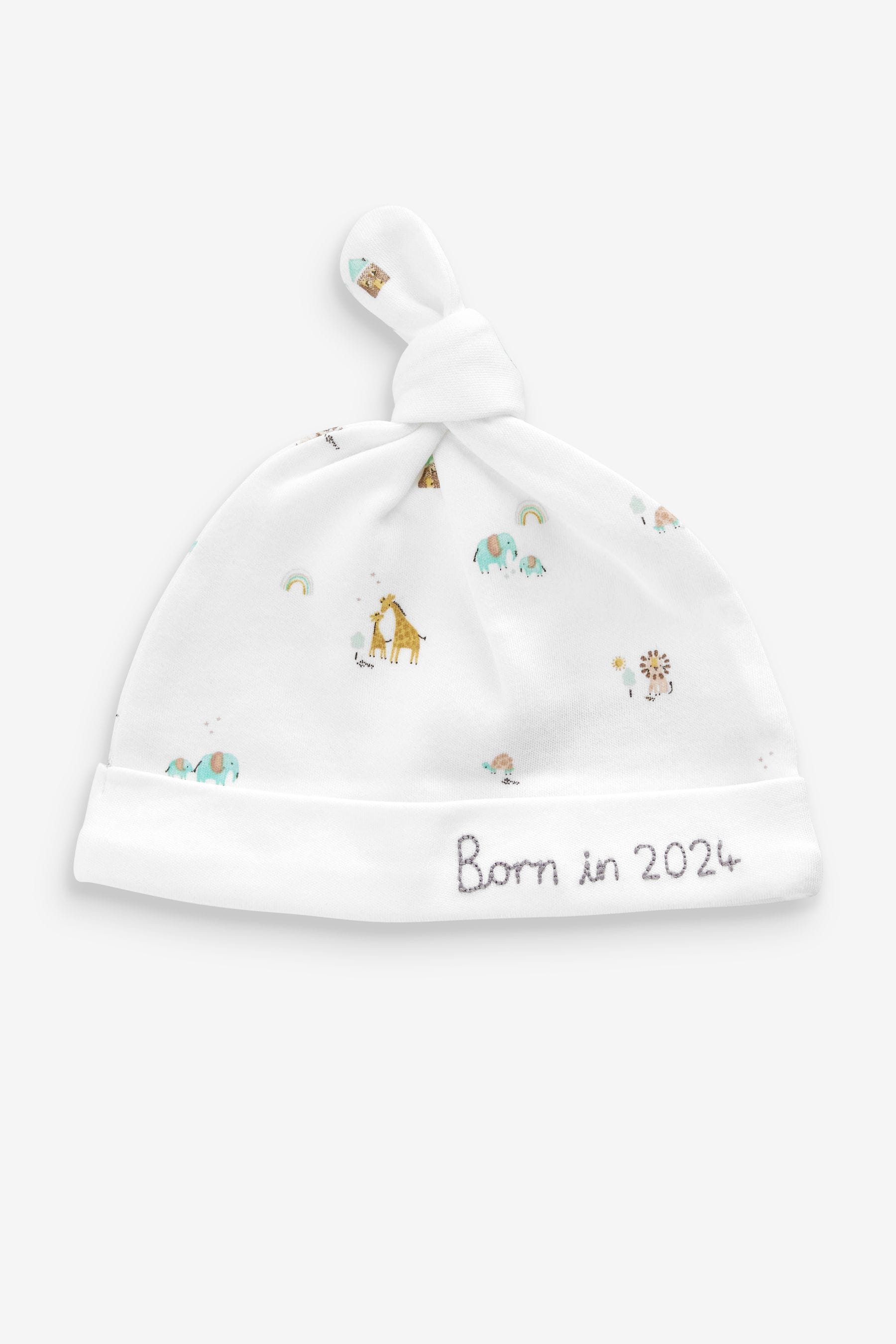 White Born In 2024 100% Cotton Bib And Hat 2 Piece Set (0-12mths)