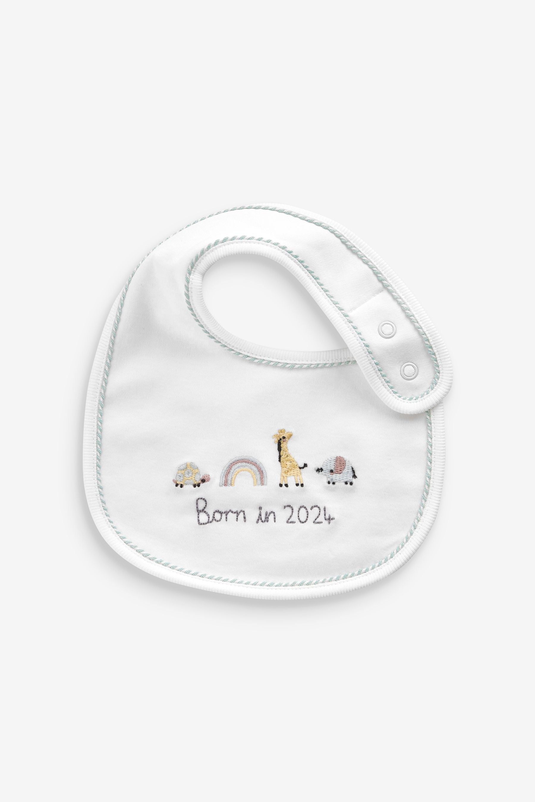 White Born In 2024 100% Cotton Bib And Hat 2 Piece Set (0-12mths)