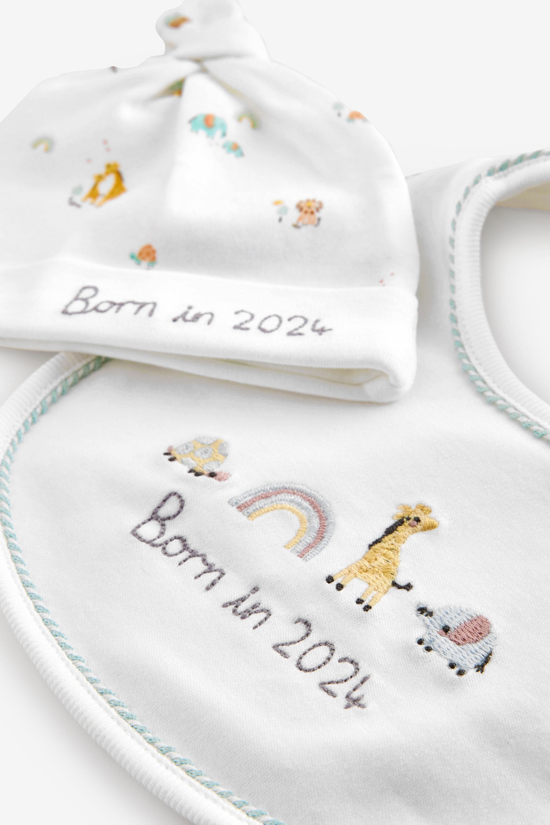 White Born In 2024 100% Cotton Bib And Hat 2 Piece Set (0-12mths)