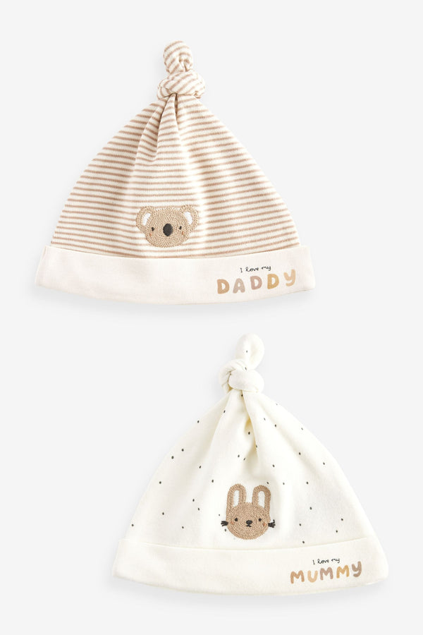 Neutral Mummy / Daddy Baby Tie Top 100% Cotton Hats 2 Packs (0-6mths)