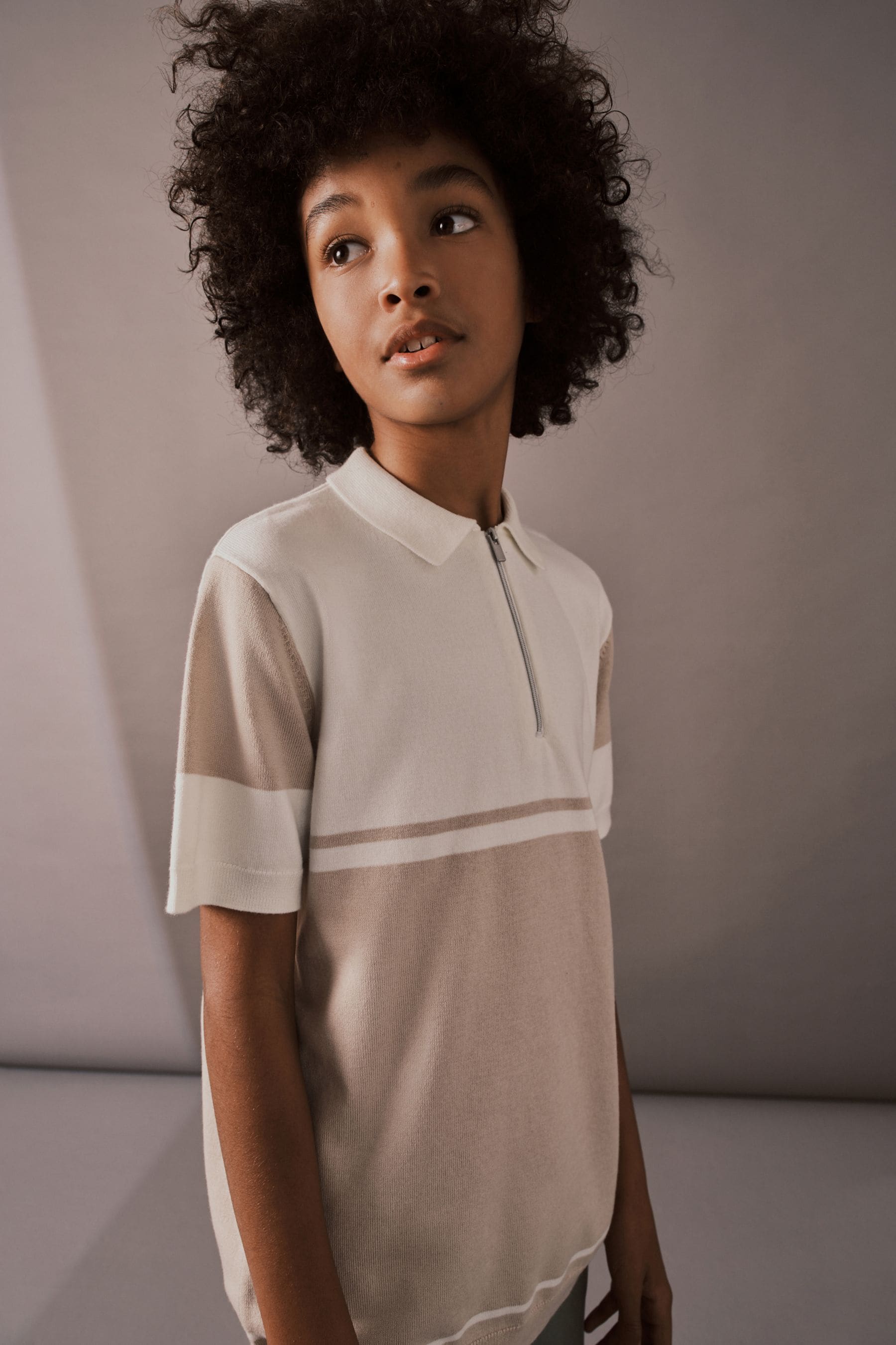 Neutral Short Sleeved Colourblock Zip Polo Shirt (3-16yrs)