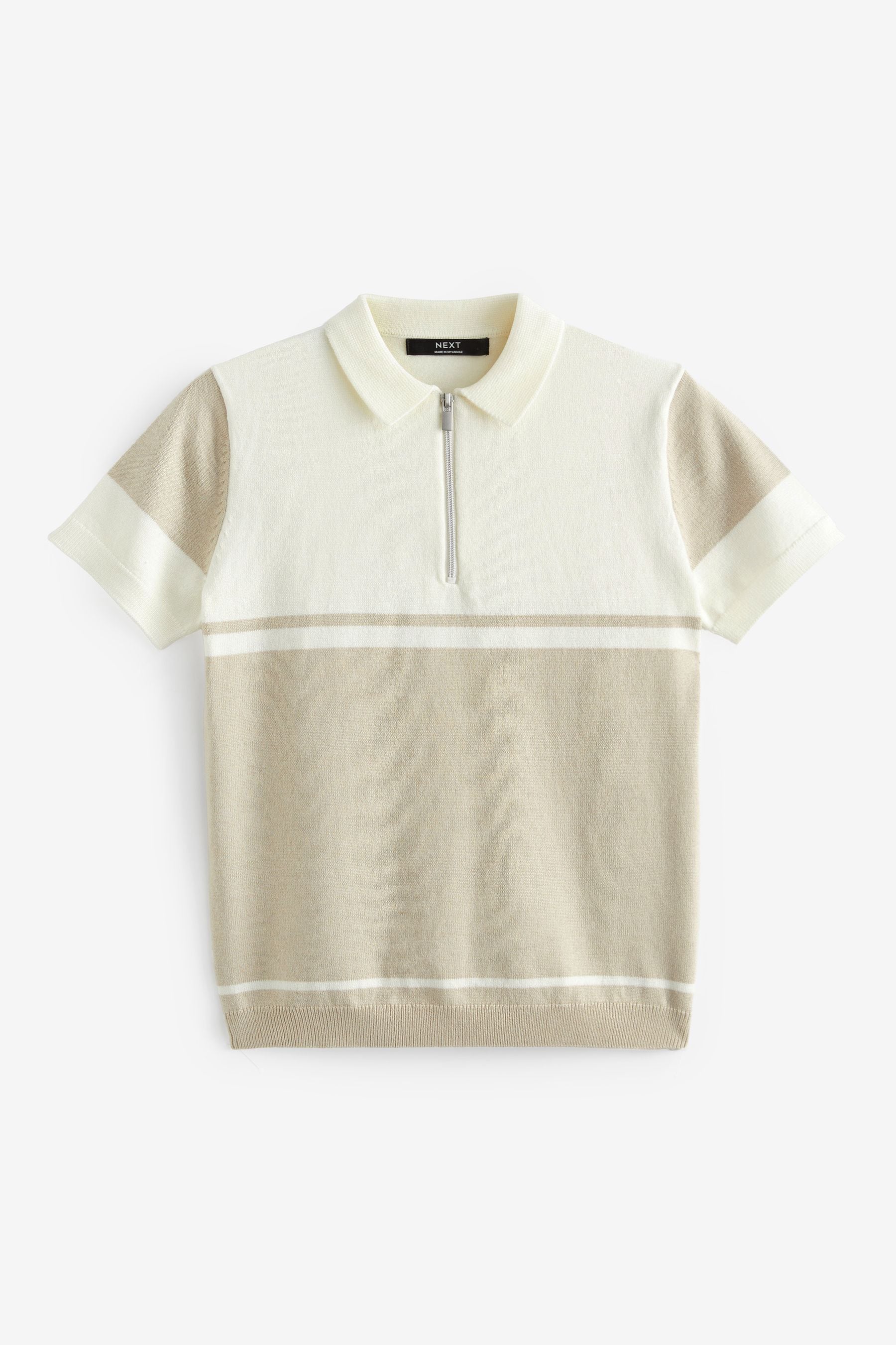 Neutral Short Sleeved Colourblock Zip Polo Shirt (3-16yrs)